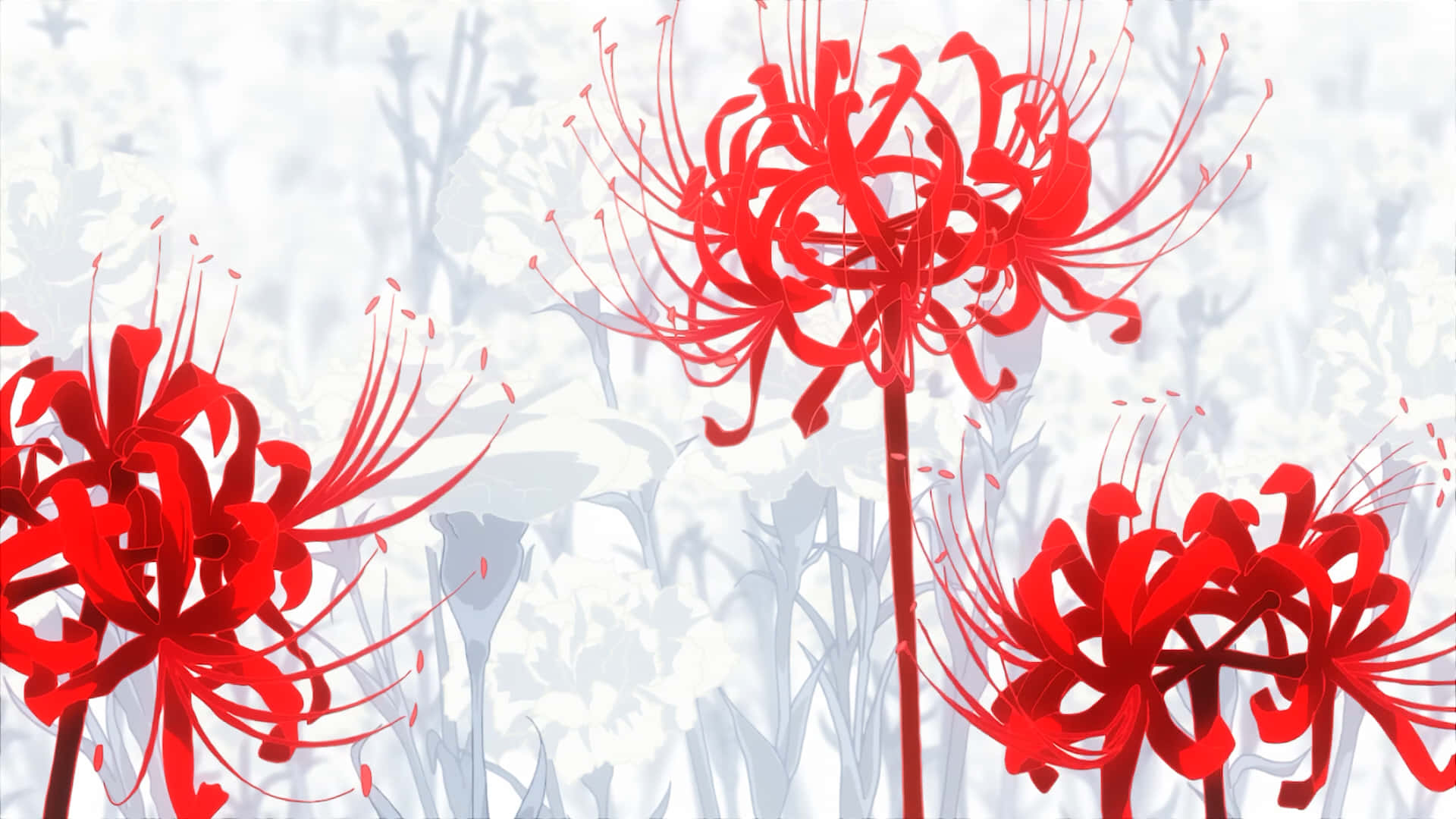 紅色彼岸花，帶有幽靈般的灰色花卉輪廓，採用極簡動漫風格。