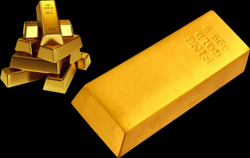 金條與金塊陳列 壁紙 — 閃亮的金條堆疊成一堆，旁邊放著一個大金錠，背景為黑色。