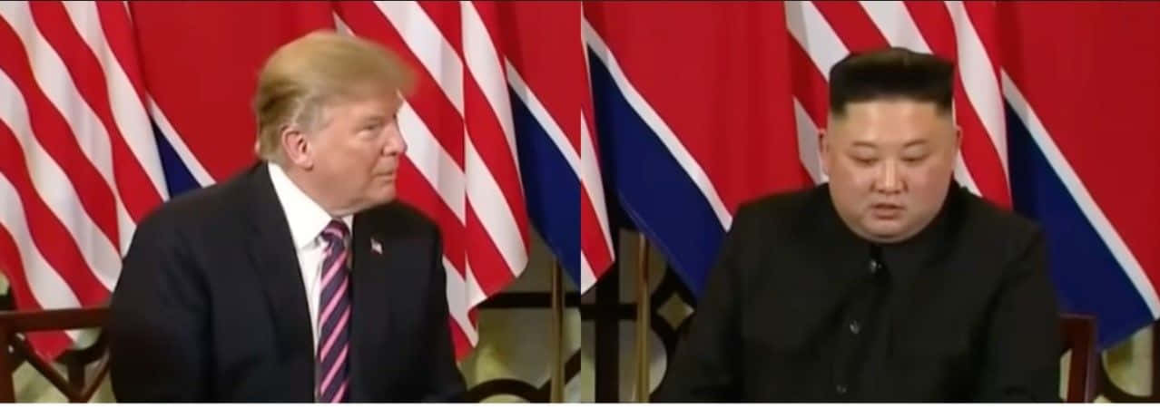 金正恩在軍事閱兵式上 壁紙 — 兩位世界領袖在正式外交場合中相對而坐，身後有美國和北韓的國旗。