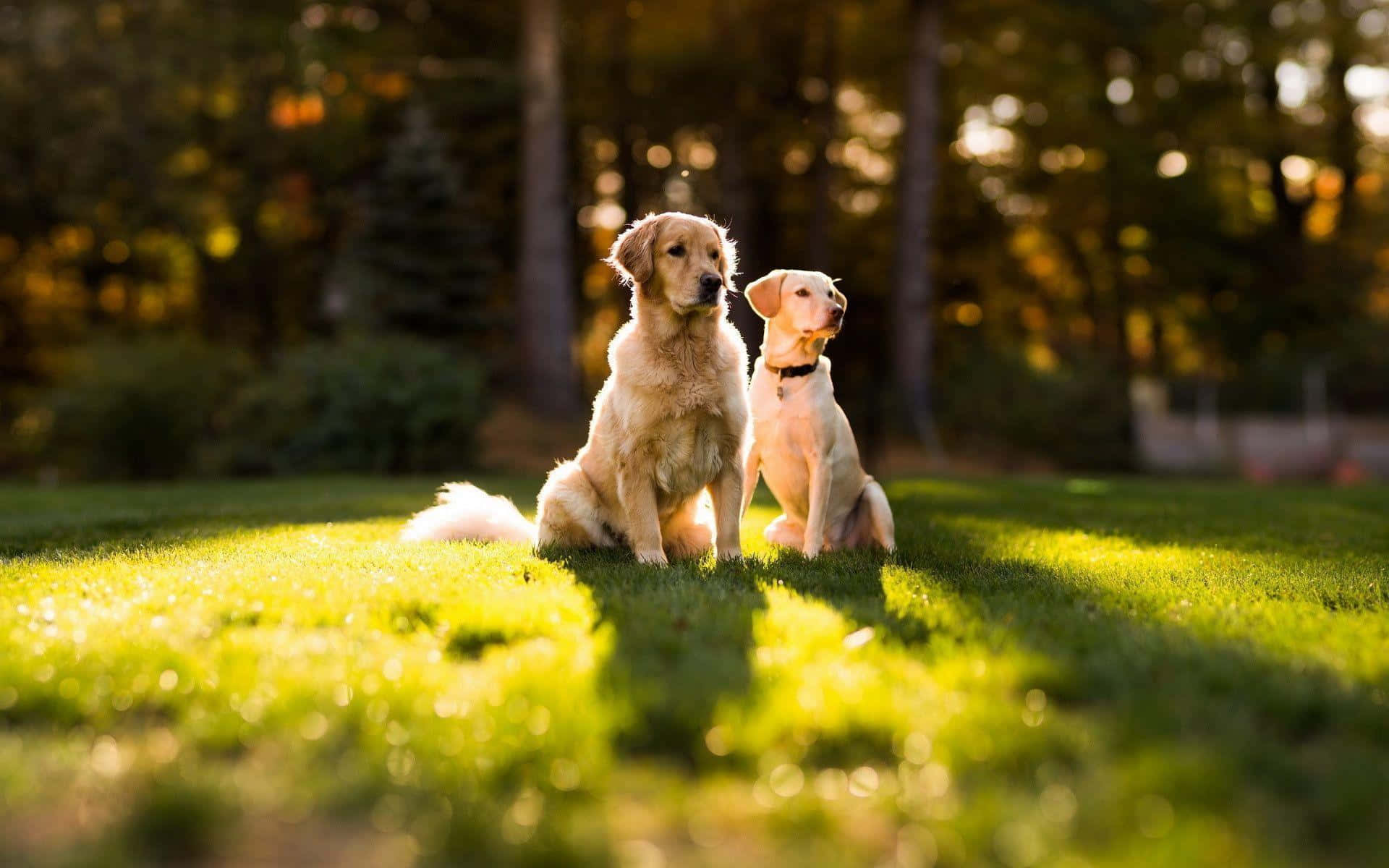 金毛幼犬在溫暖的窩中依偎 壁紙 — 兩隻金毛尋回犬並排坐在陽光普照的草地上，身後有溫暖的散景樹木。