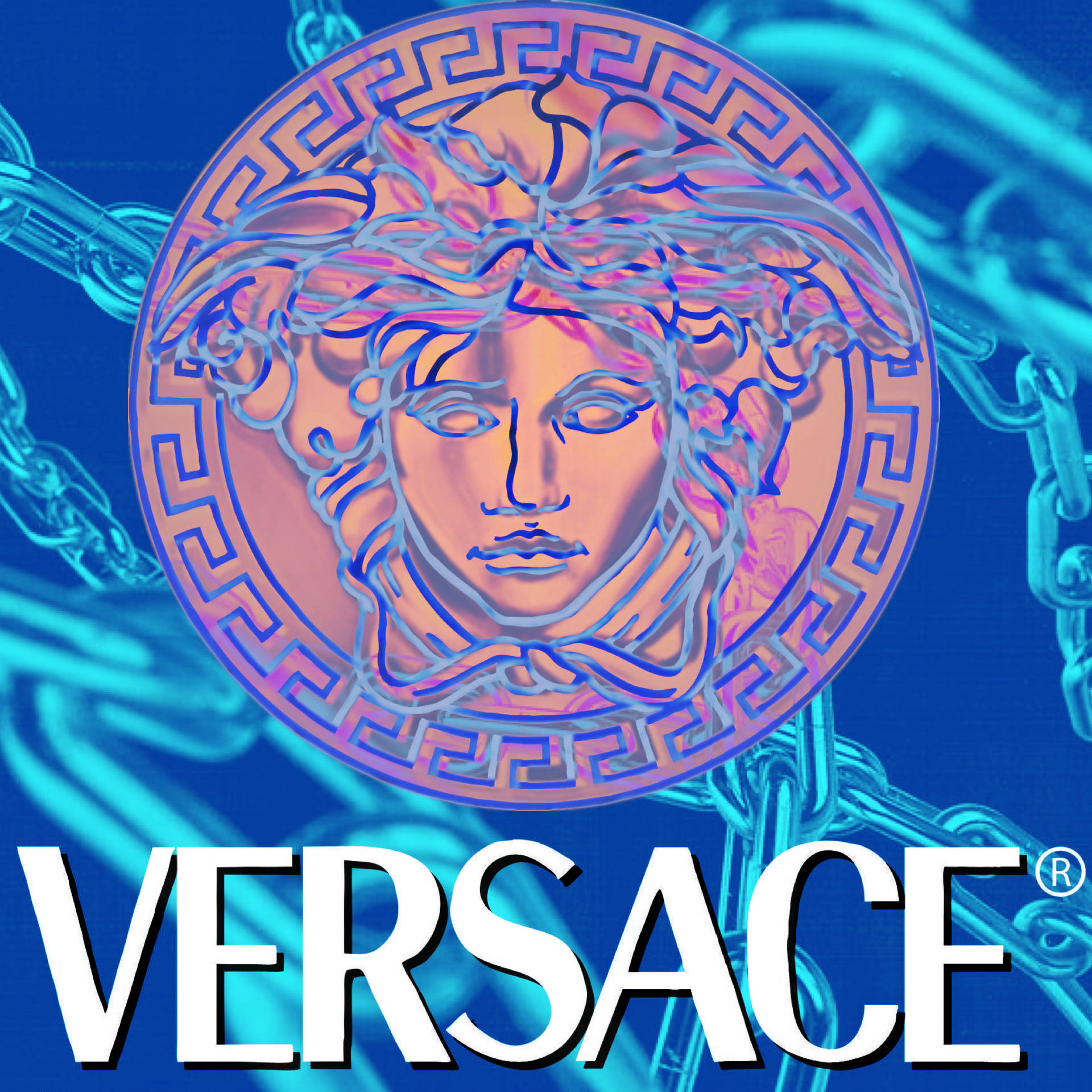 Versace 標誌，在藍色背景上帶有美杜莎頭和發光鏈條。
