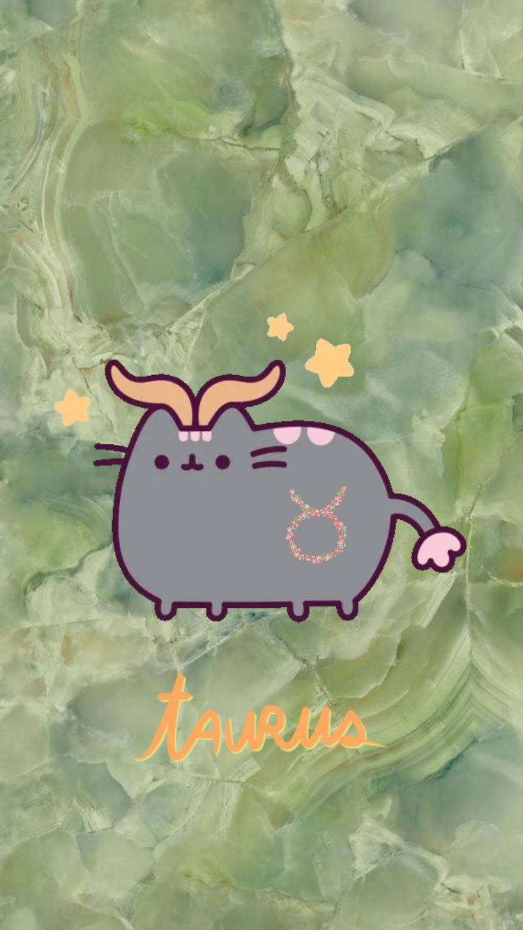 金牛座Pusheen 壁紙 — 一隻可愛的灰色卡通貓，帶有公牛角和星座符號，漂浮在帶有星星的綠色大理石背景上。