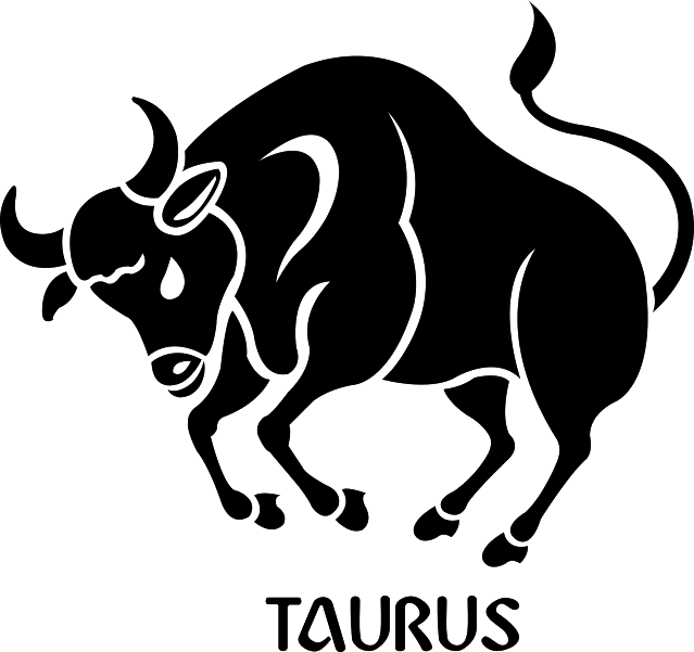 金牛座星座圖案 壁紙 — 白色背景上，帶有白色輪廓和下方「TAURUS」文字的黑色猛衝公牛剪影。