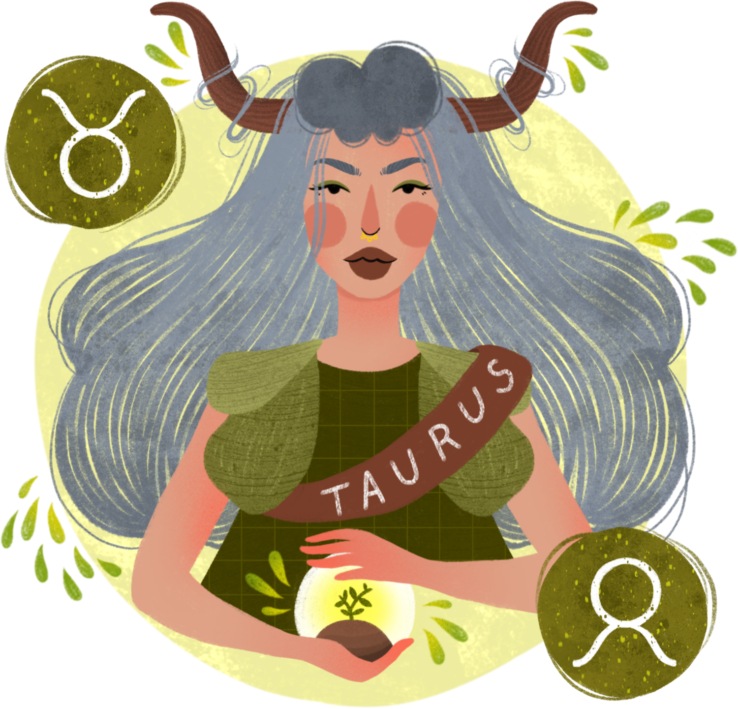 金牛座星座插畫 壁紙 — 一個風格化的插圖，描繪一位金牛座女性，頭上有角，頭髮飄逸，手持發光的幼苗。