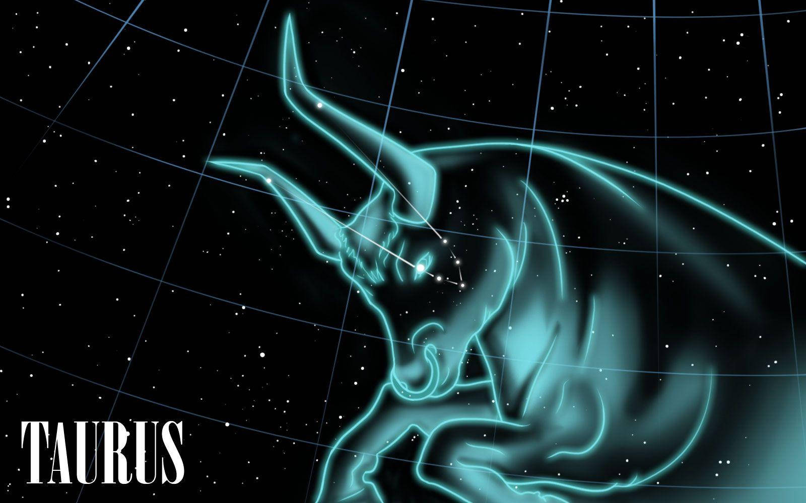 金牛座星象格網 壁紙 — 一個發光的青綠色金牛座星座，由星星和網格線勾勒，背景為黑色宇宙，帶有 'TAURUS' 文字。