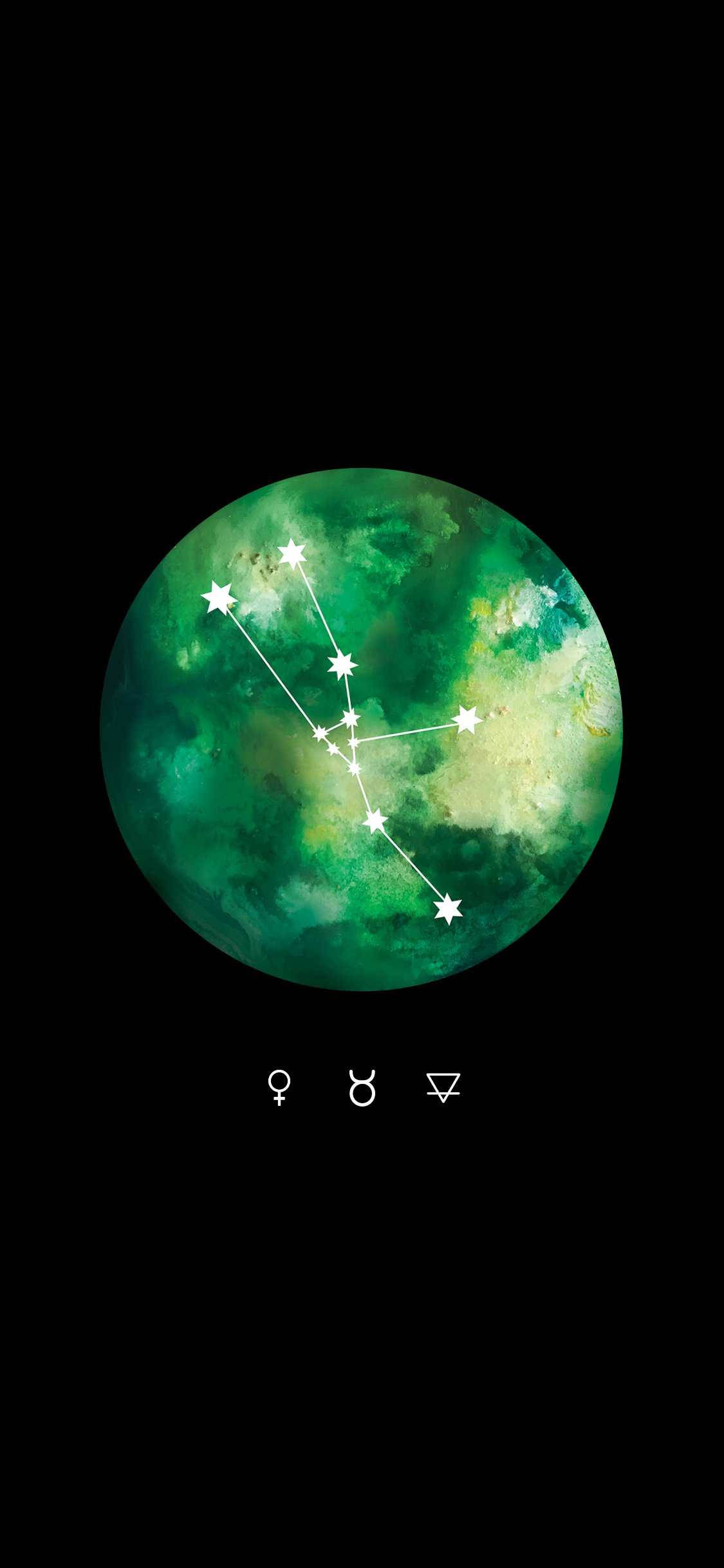金牛座煉金術圖像 壁紙 — 一個宇宙綠色星球，帶有白色星座和占星符號，背景為黑色虛空。