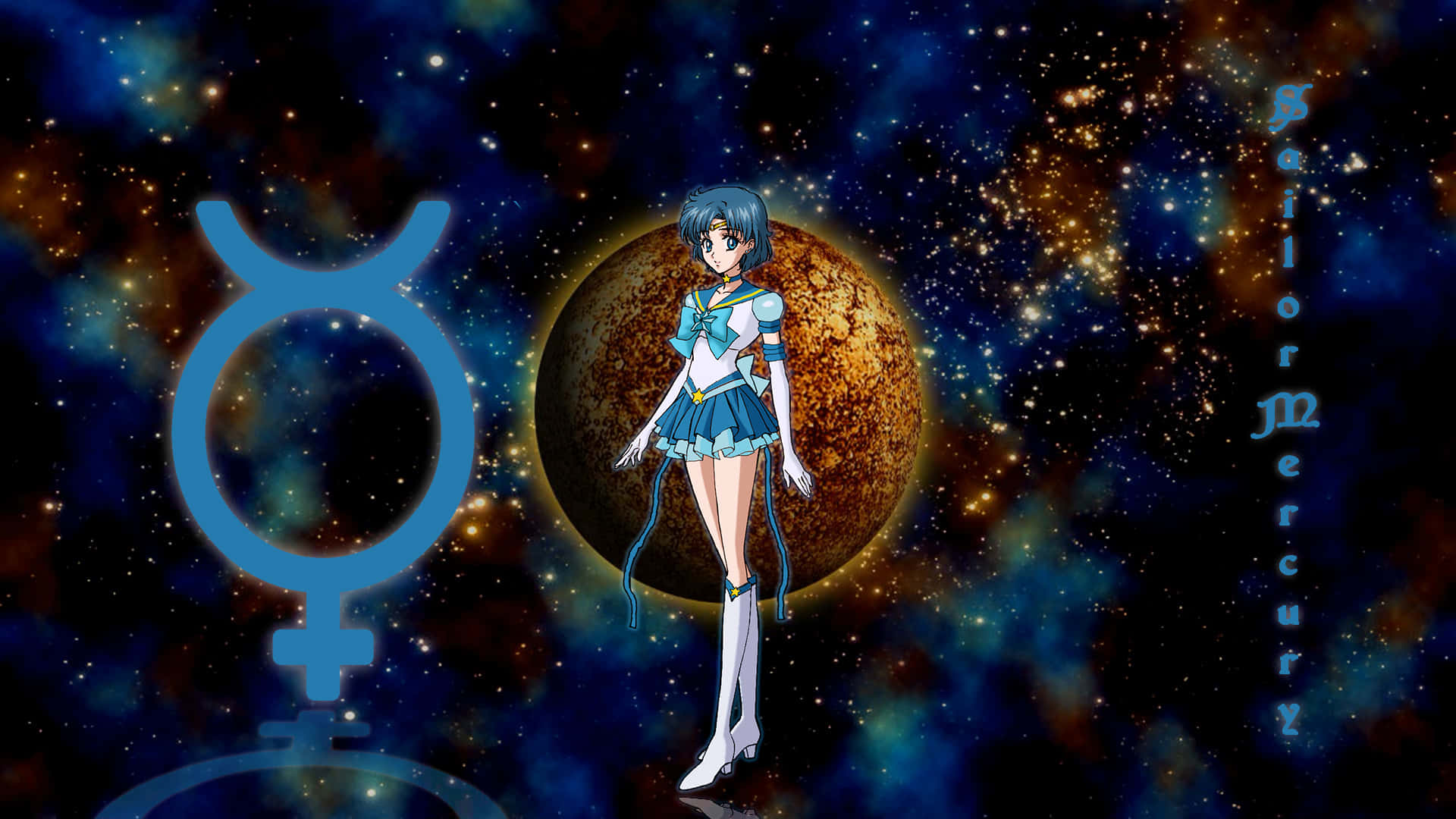 金牛座符號與水兵水星 壁紙 — Sailor Mercury 喺星光宇宙背景下企喺發光行星前面，佢嘅標誌發出藍光。