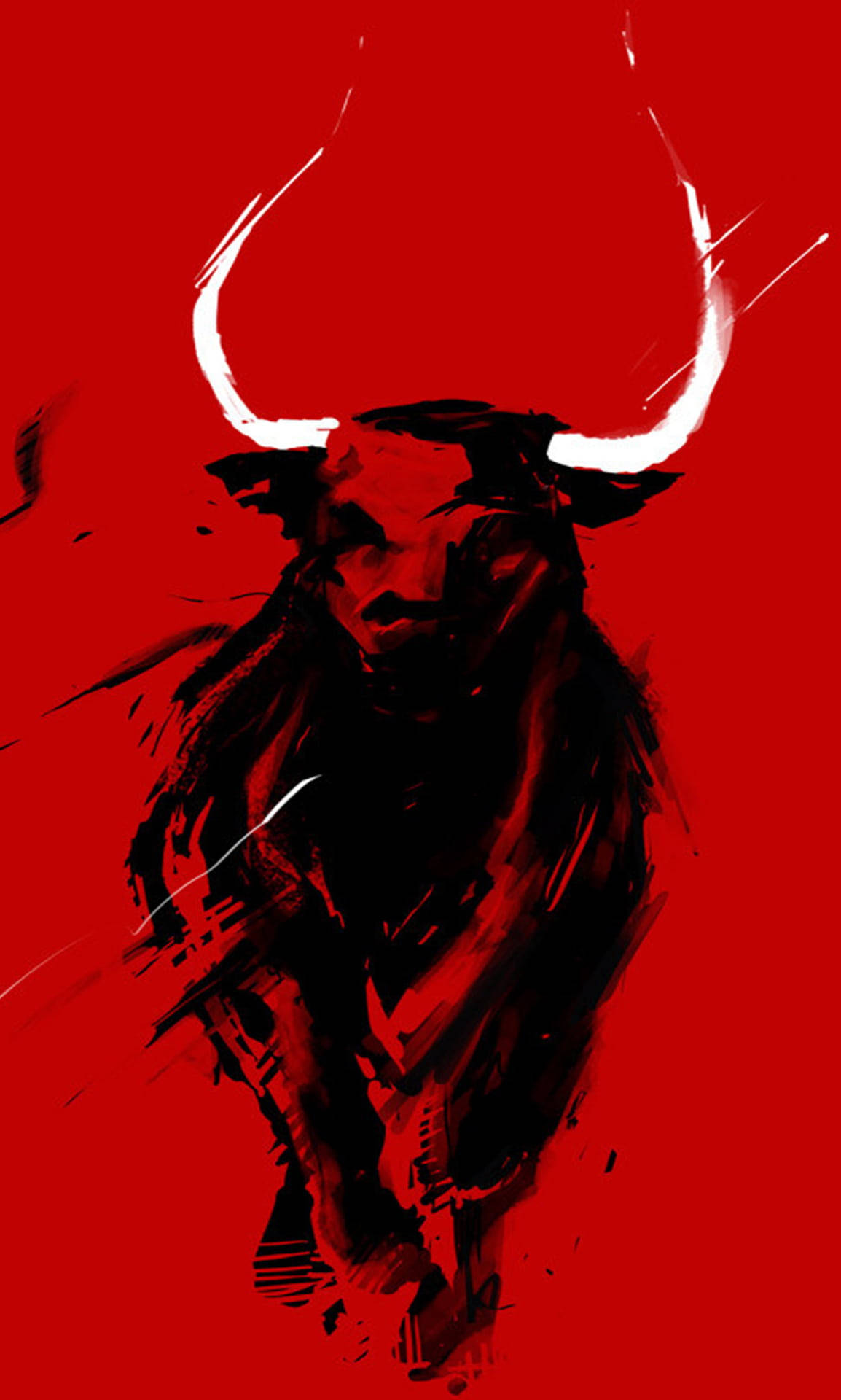 一頭風格化的黑牛，帶有白色牛角，衝向紅色背景。