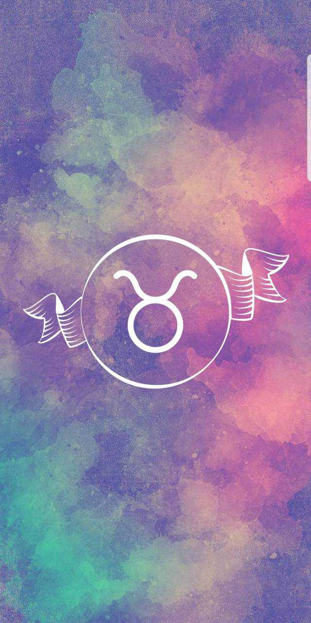 金牛座星座符號，帶有絲帶橫幅，在彩色水彩背景上。