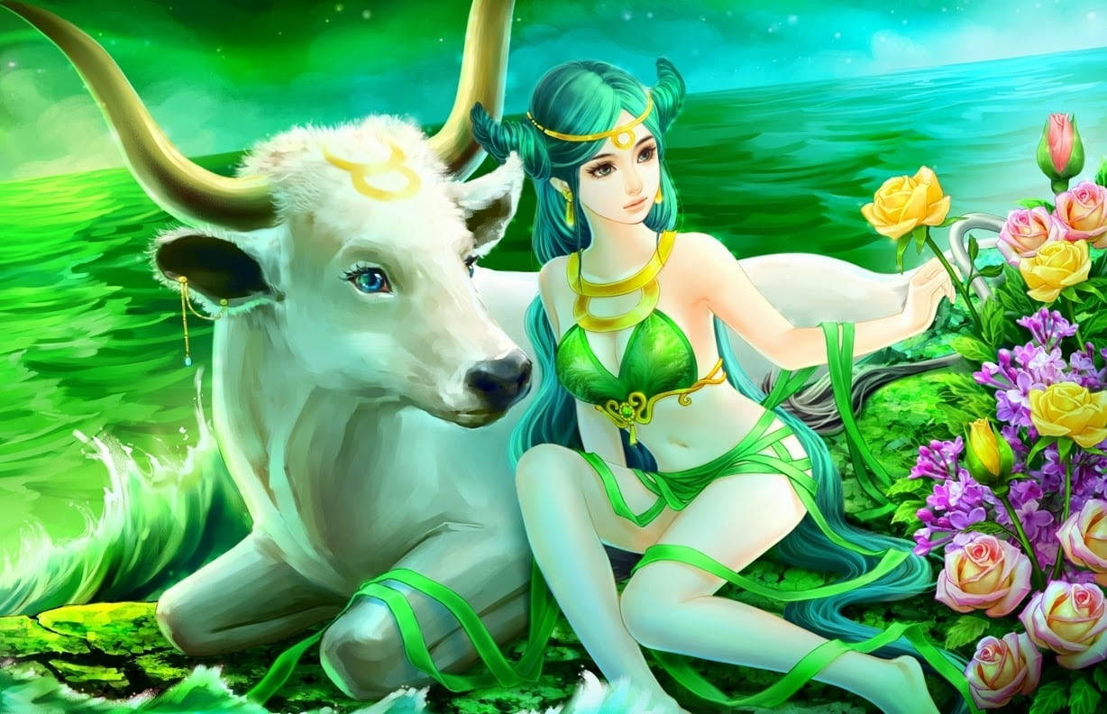 青綠色頭髮的動漫女神和白牛，在閃耀天空下的一片彩色玫瑰田野中。