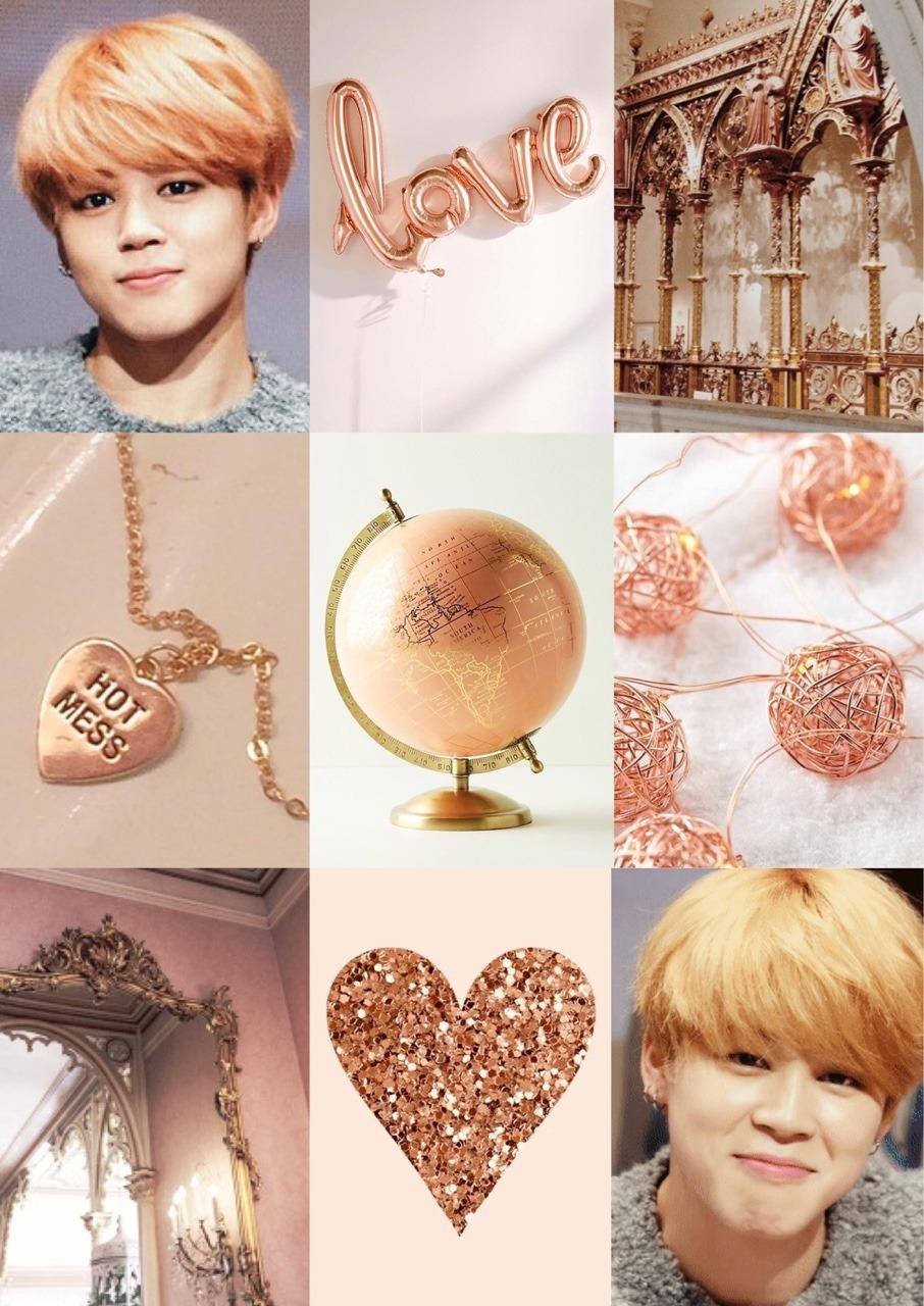 金玫瑰 Jimin 美學 壁紙 — 玫瑰金主題物品的拼貼畫，包括地球心形項鍊、愛情氣球和華麗建築，以及一位年輕男子的肖像。