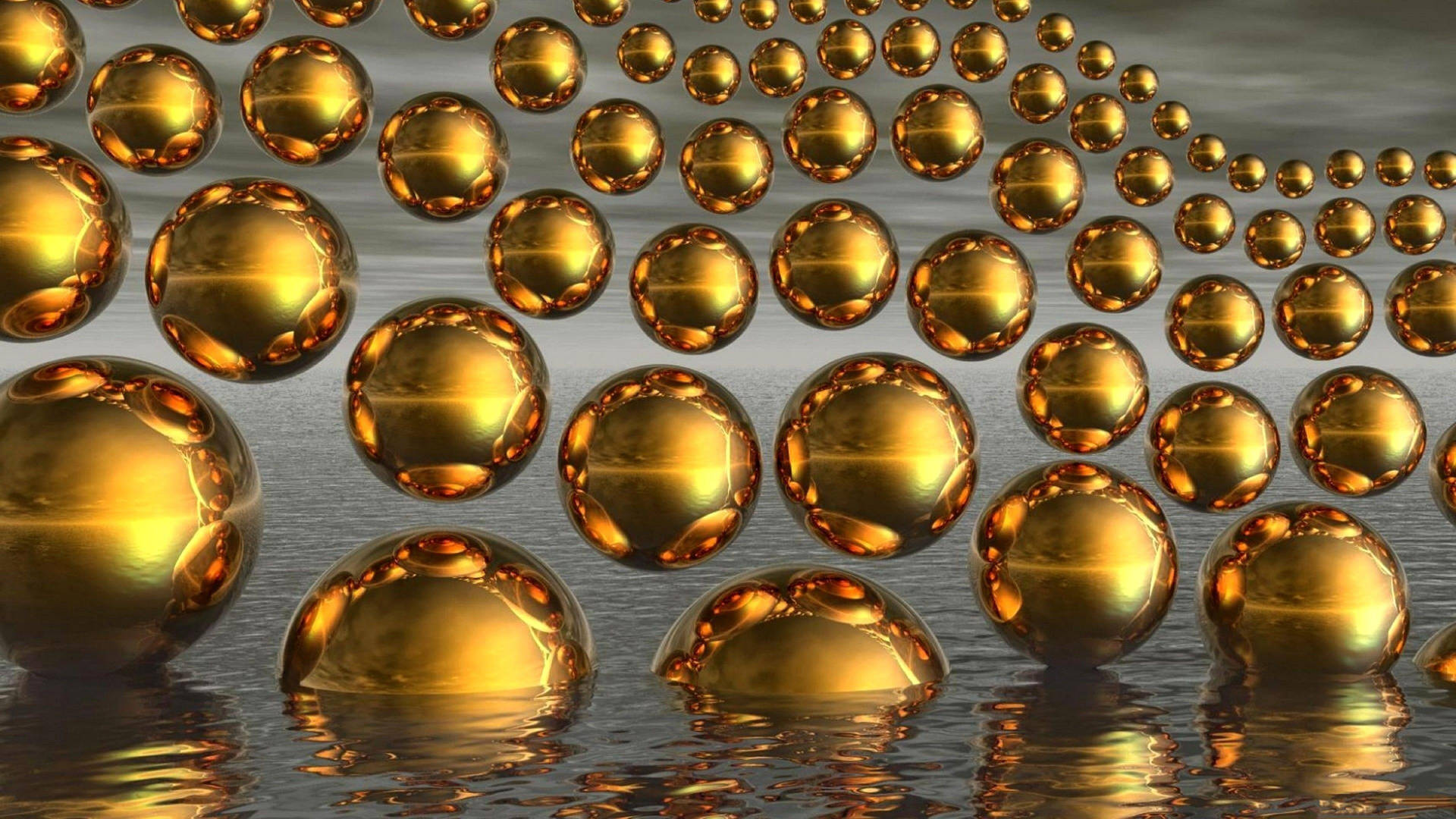 金色球體漂浮在水面上並有倒影
