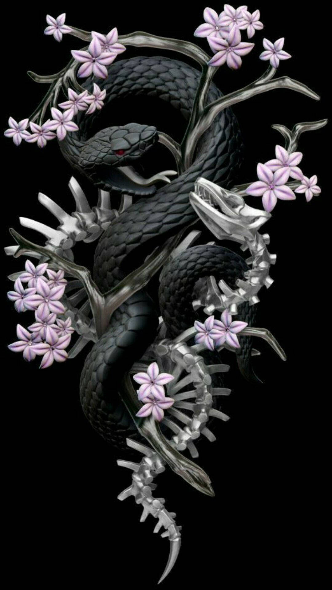 金環蛇日本風藝術 壁紙 — 一條黑蛇纏繞在銀色骸骨般的樹枝上，樹枝上點綴著精緻的紫色花朵，背景是純黑色。