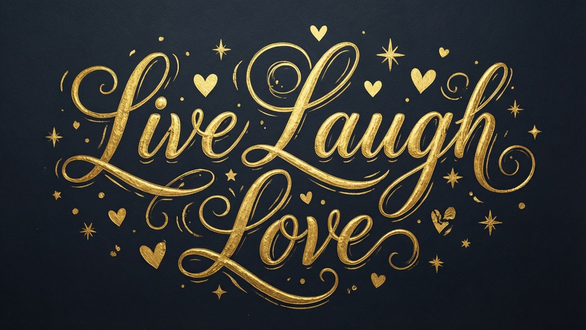 金色 'Live Laugh Love' 文字，帶有心形和星星，深色背景