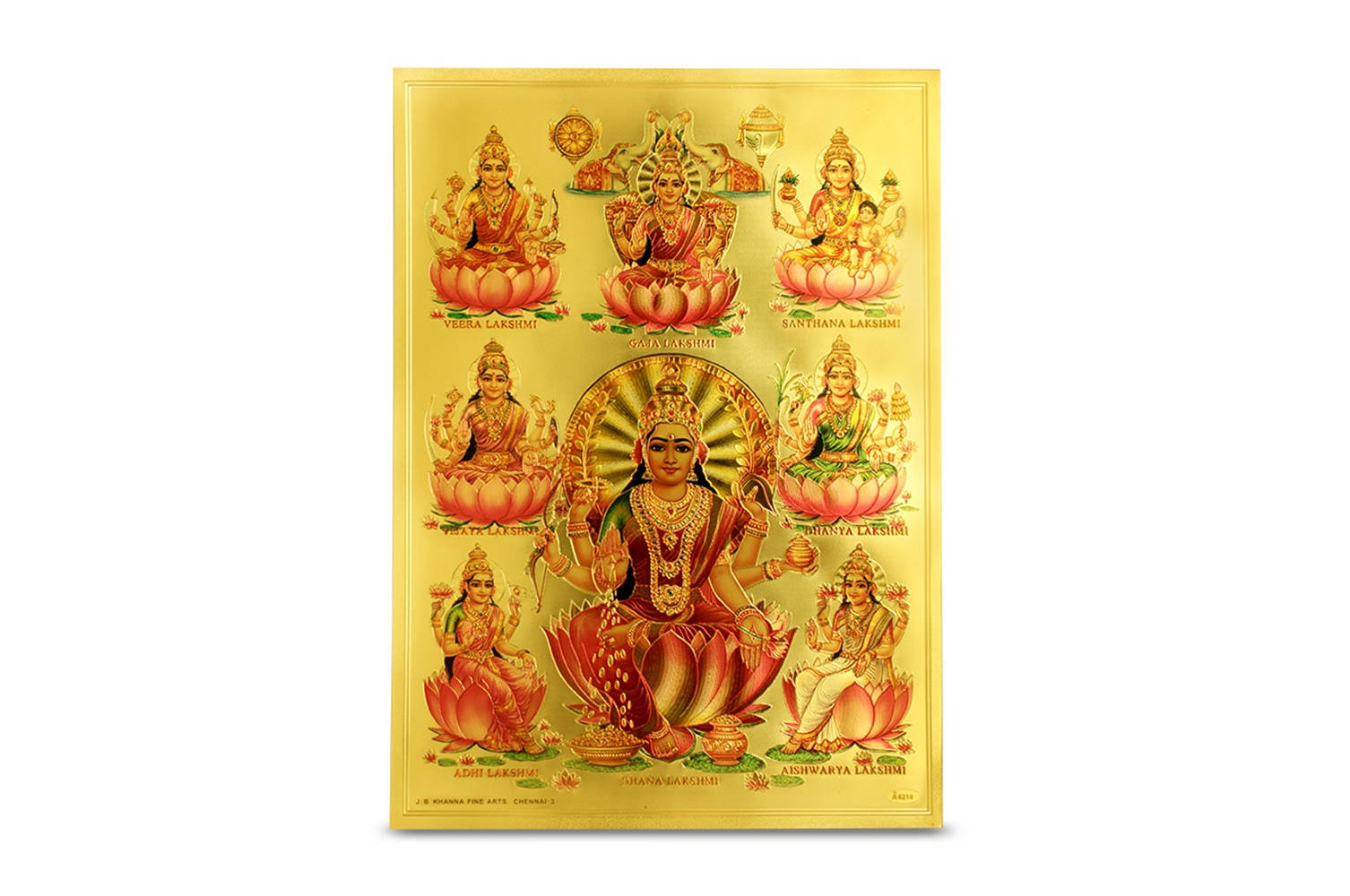 金箔八位財神女神 壁紙 — 金色框架插圖，描繪拉克什米女神被八位其他女神圍繞，每位坐在蓮花上，下方刻有名字。