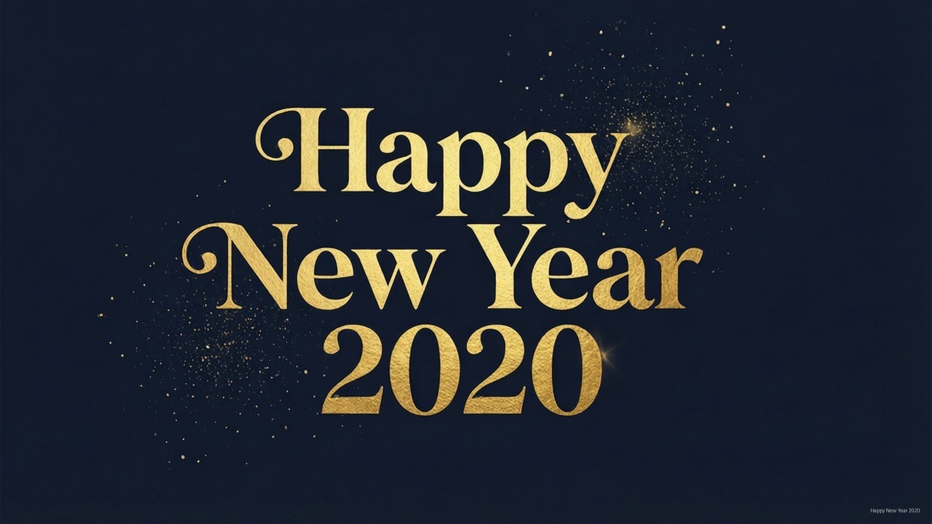 金色Happy New Year 2020文字在海軍藍背景上帶有閃爍粒子