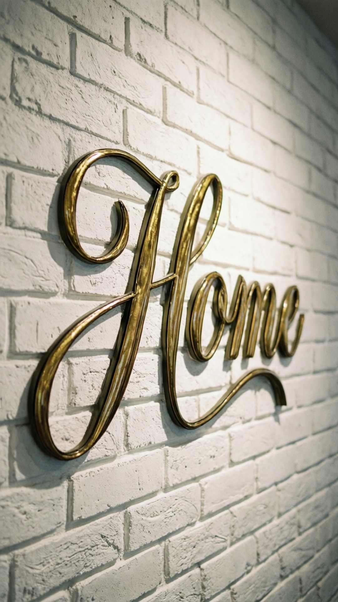 金箔家居金句 壁紙 — 金色草書 'Home' 標誌安裝在白色磚牆上，配有溫暖的方向性照明。