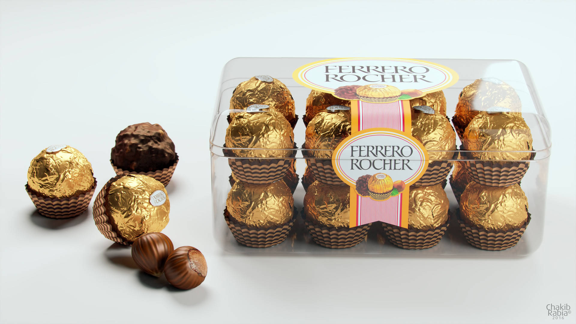 金箔巧克力禮盒內 壁紙 — 一個透明膠盒，內有金箔包裝的Ferrero Rocher朱古力，旁邊有榛子散落在白色表面上。