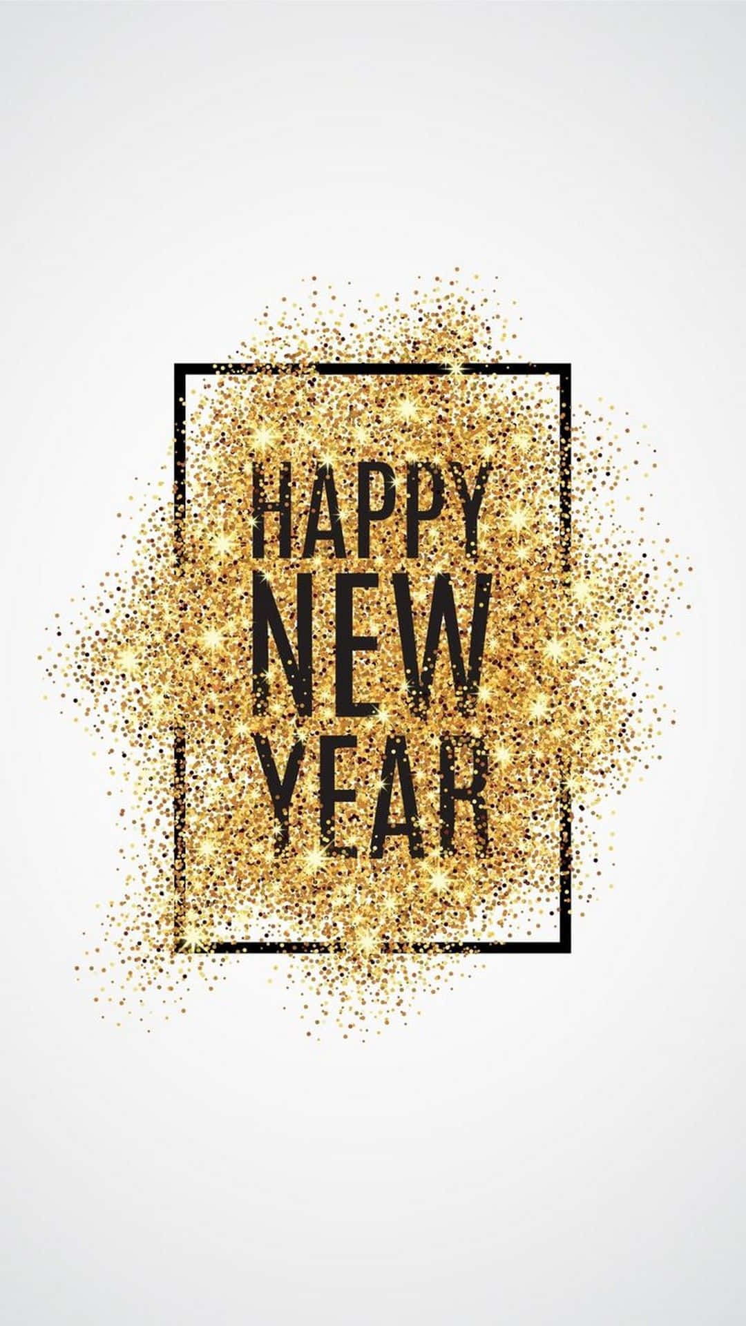 黑色邊框內帶有金色閃粉爆發的黑色新年快樂文字。