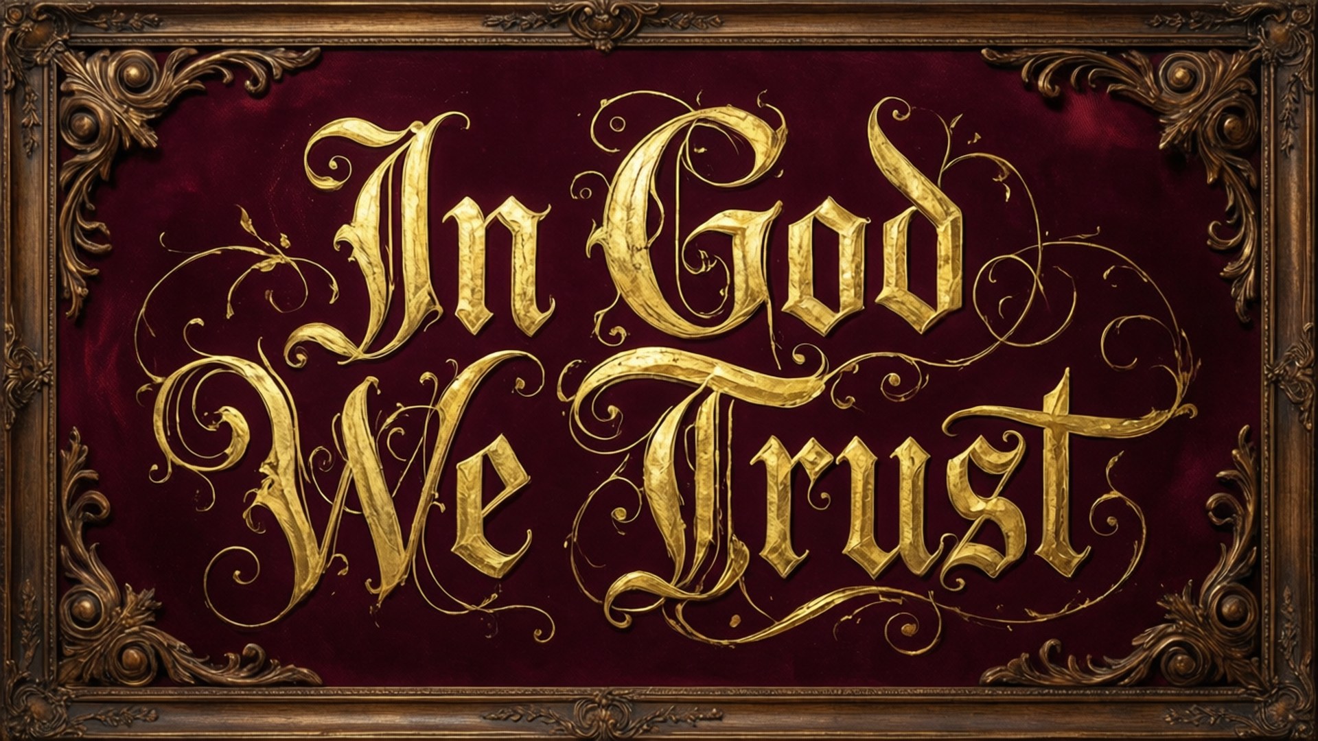 金色「In God We Trust」文字以華麗字體呈現，置於紅色天鵝絨上，並有金色邊框。