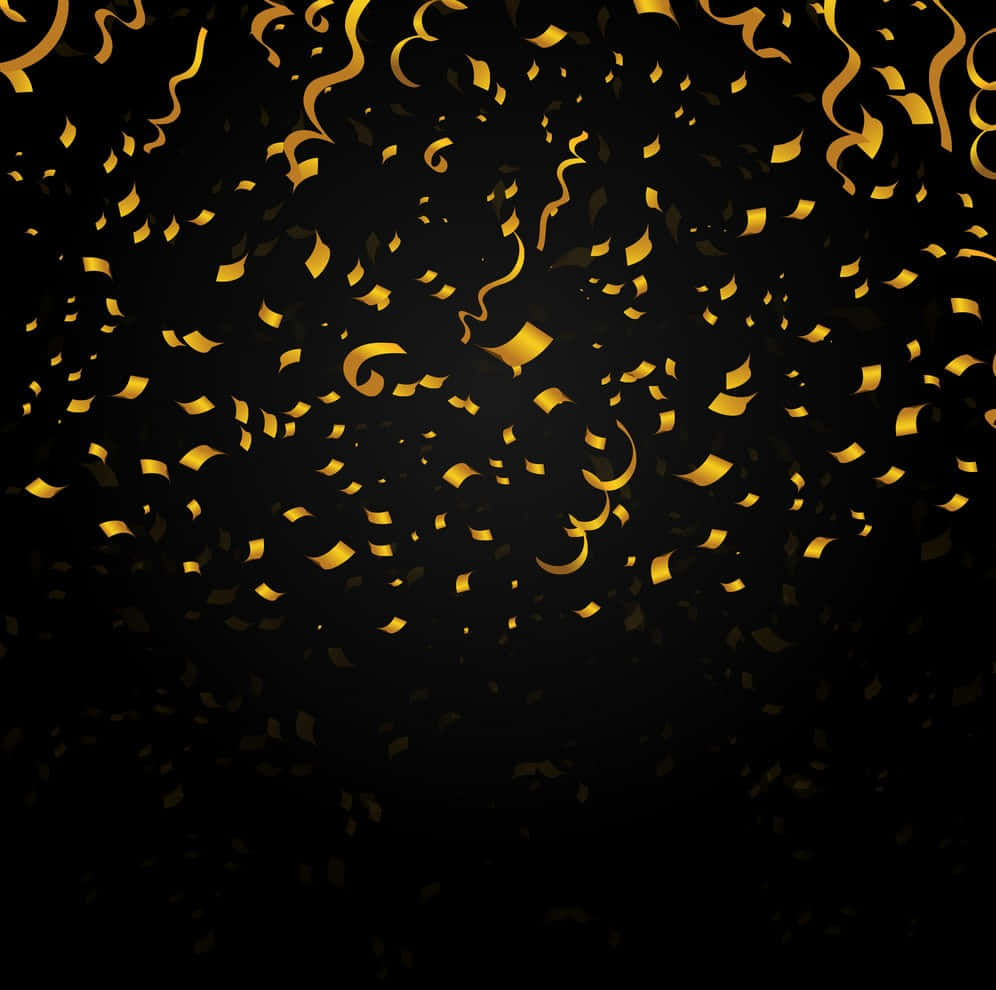 金箔紙屑營造魔法場景 壁紙 — 金色紙碎漩渦和碎片在深黑色背景上漂浮，營造節日慶祝場景。