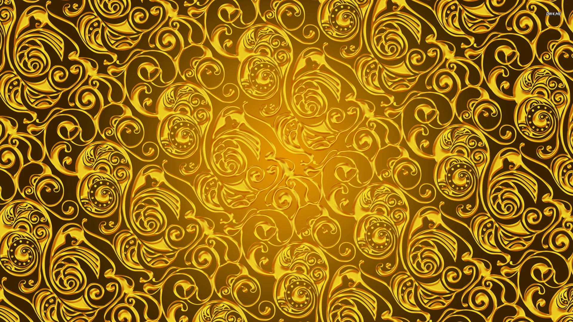 金箔美學設計 壁紙 — 在深色背景上，帶有漩渦狀佩斯利圖案和發光高光的閃亮金色裝飾圖案。