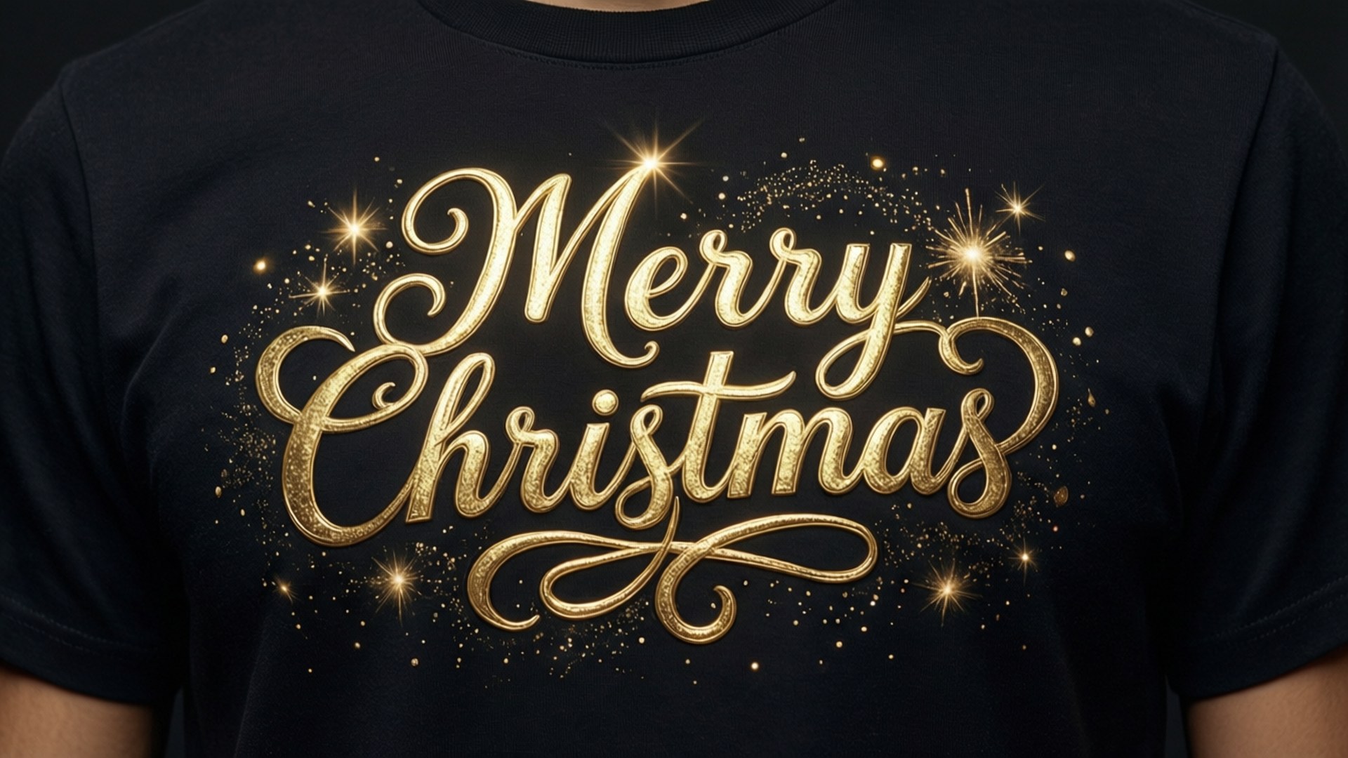 黑色T恤，帶有金色Merry Christmas文字和閃爍星星設計。
