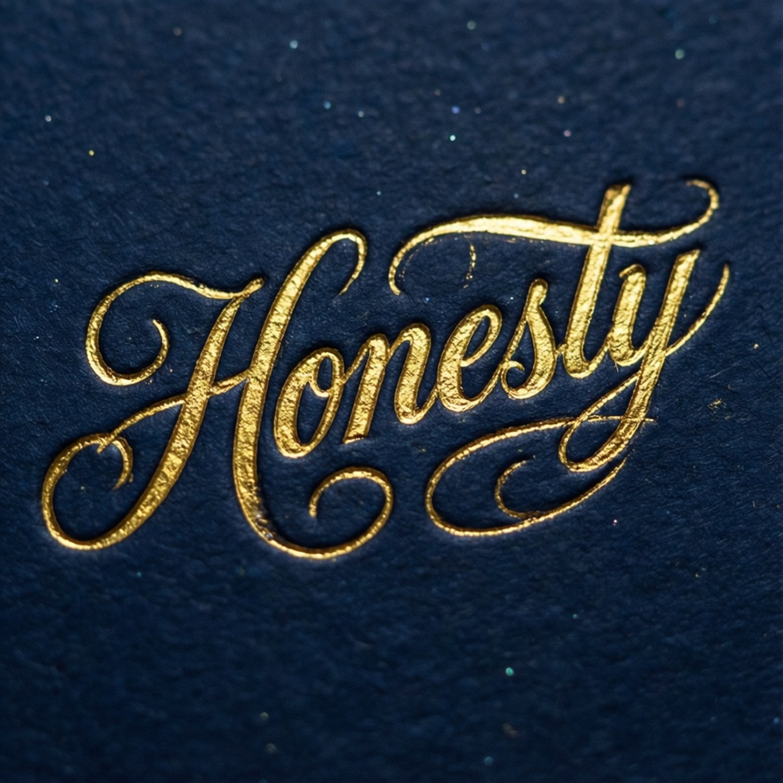 金箔字母在深藍色紋理紙上拼寫出 honesty。