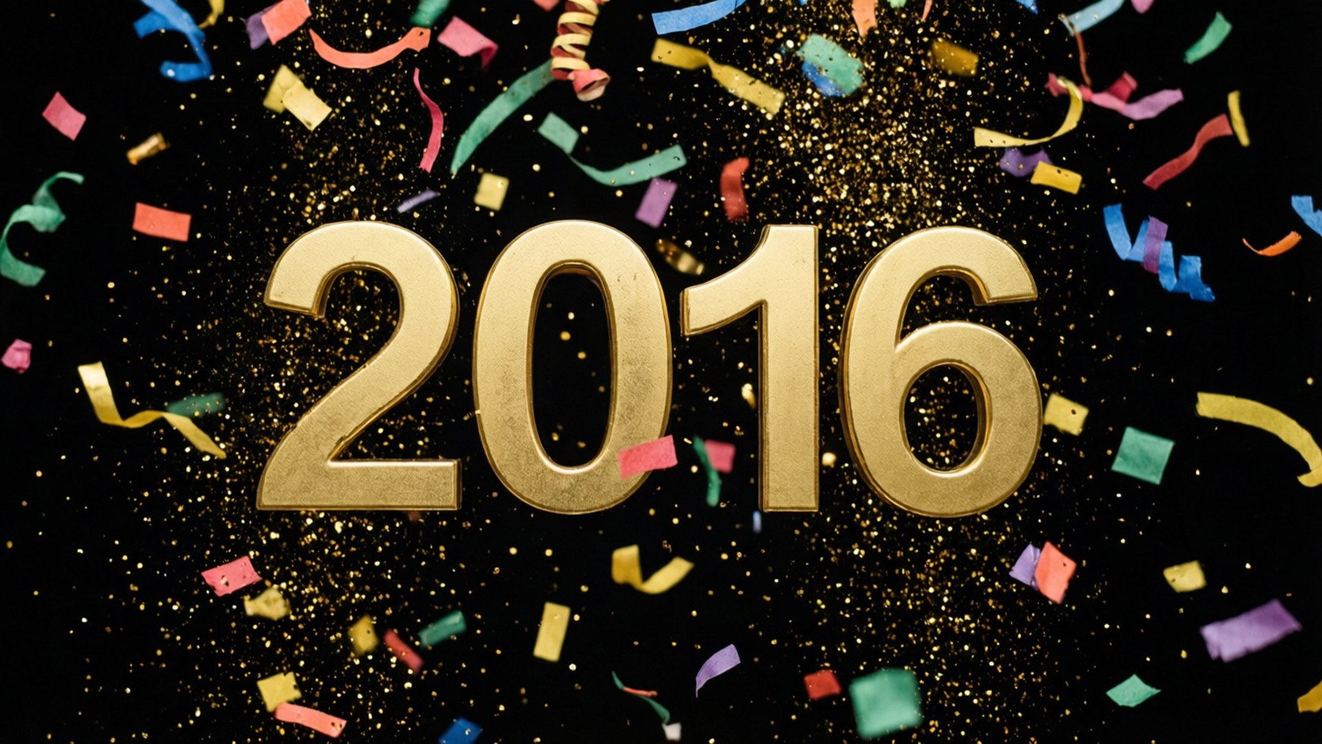 金色2016文字，彩色紙屑在黑色背景上飄落