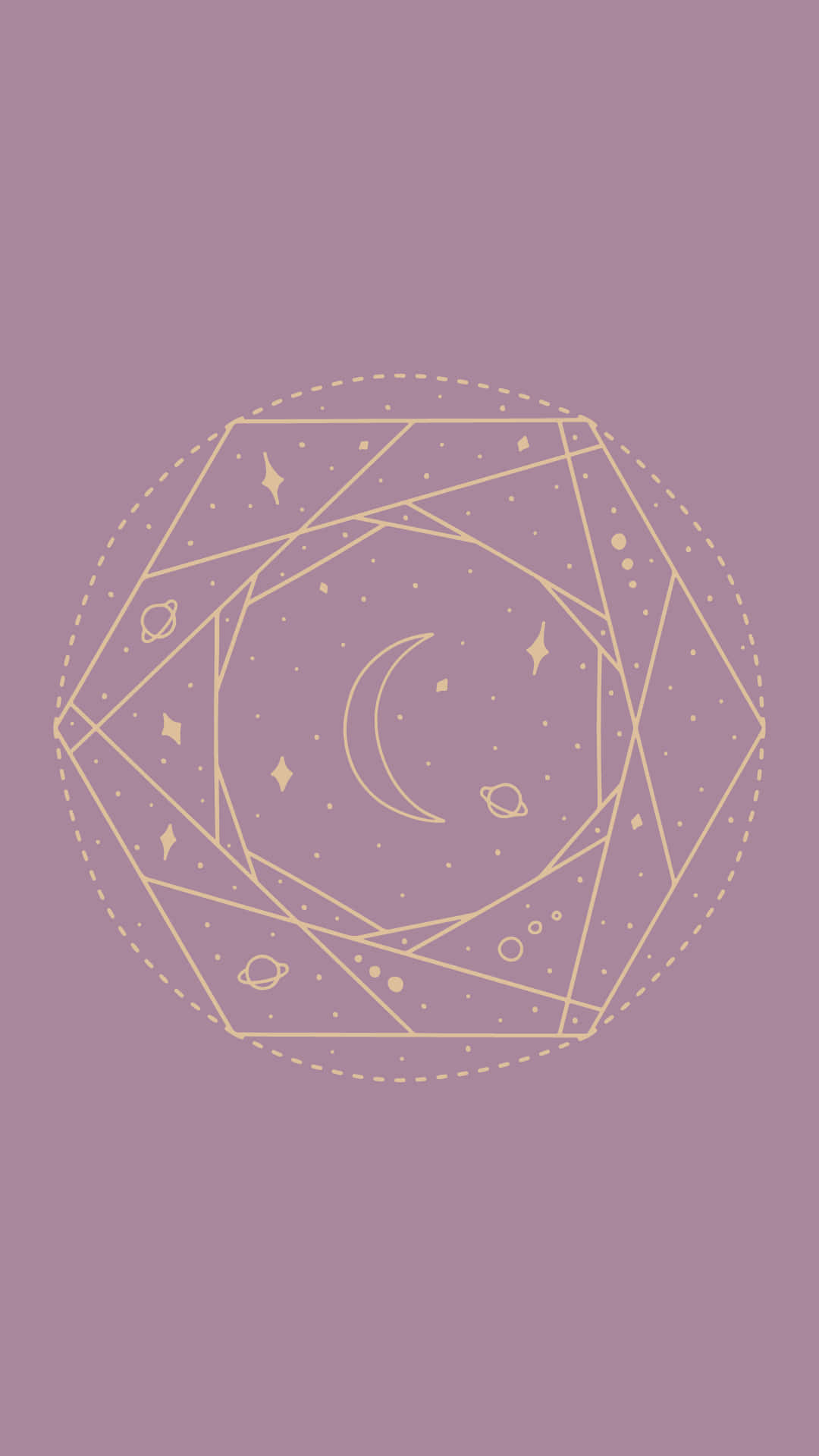 金紫天際背景 壁紙 — 在柔和的紫紅色背景上，以金色新月和行星組成的極簡幾何設計。