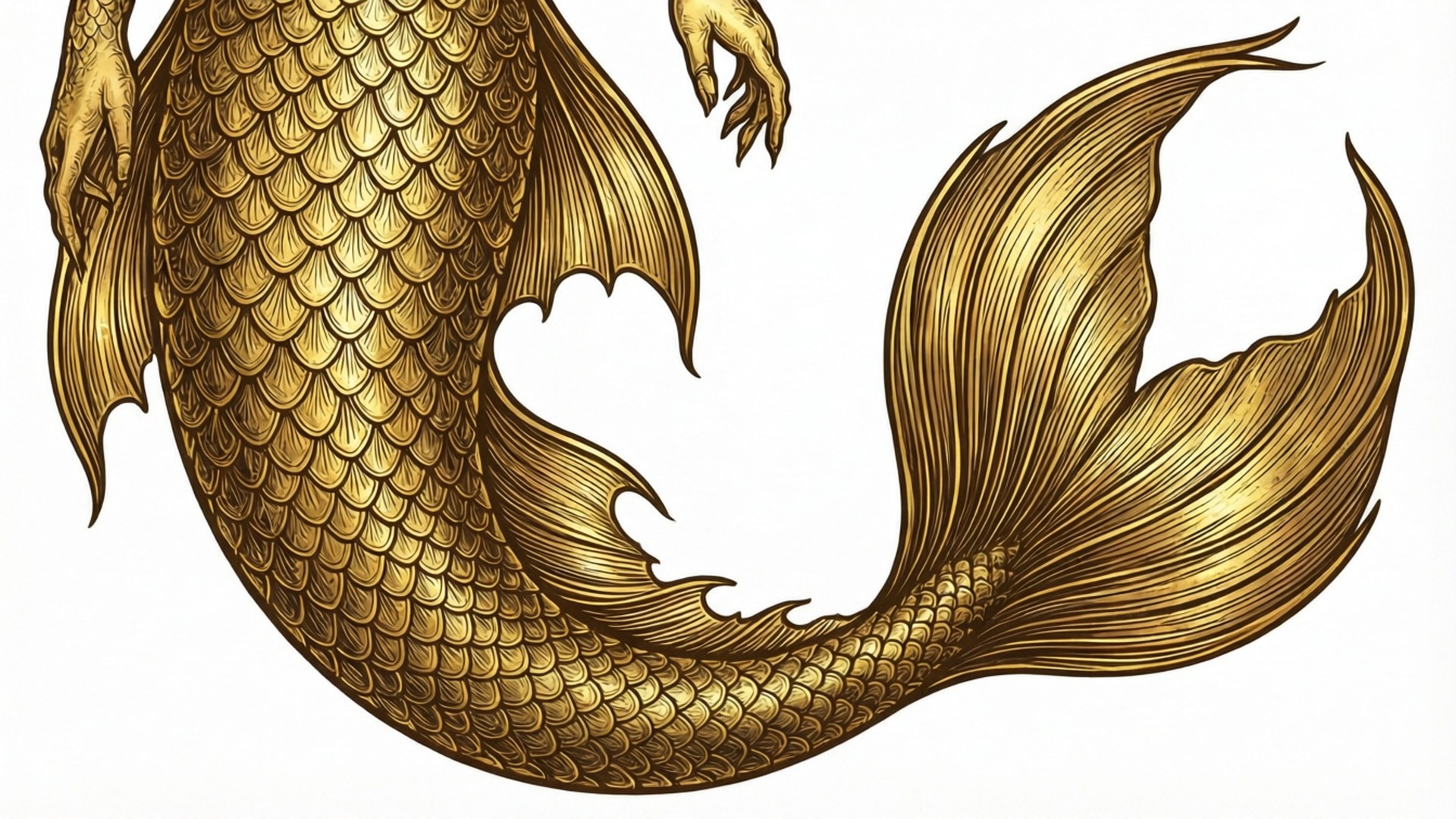 金色美人魚尾巴，帶有精細的鱗片和流暢的魚鰭。