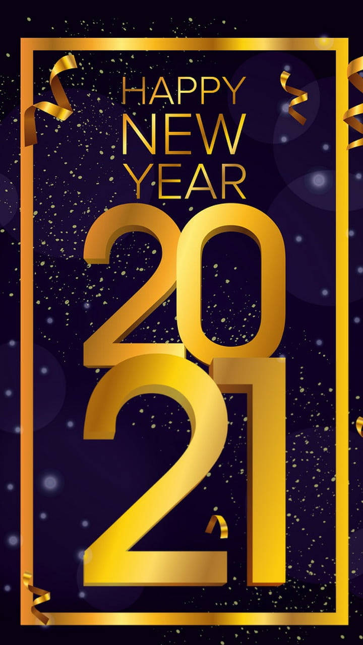 Greetings 桌布 壁紙 — 金色 '2021' 文字，配以五彩紙屑和絲帶，在深藍色星空背景上，用於新年慶祝。