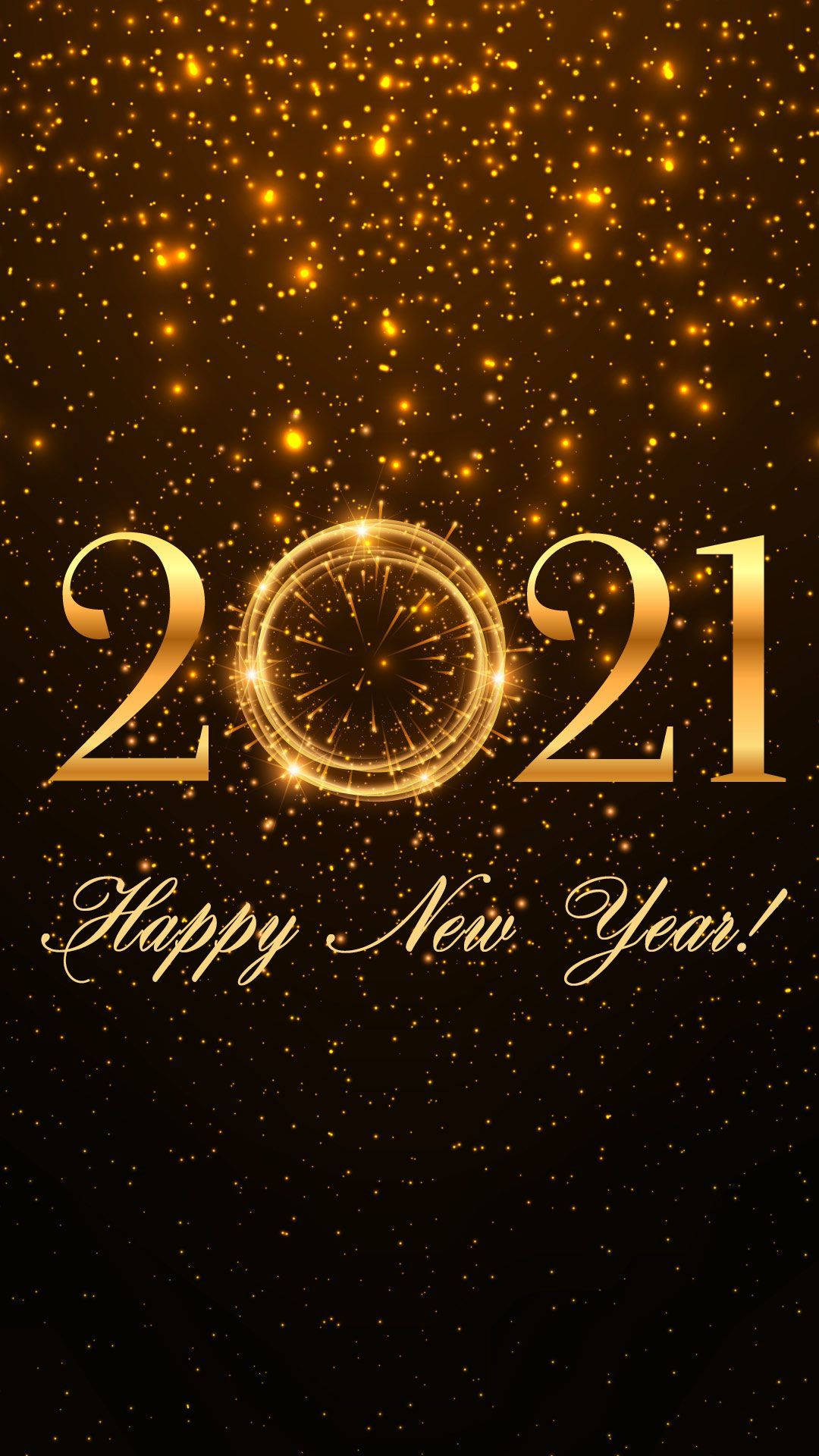 新年快樂 桌布 壁紙 — 金色2021年新年文字，在深色背景上帶有閃爍粒子。