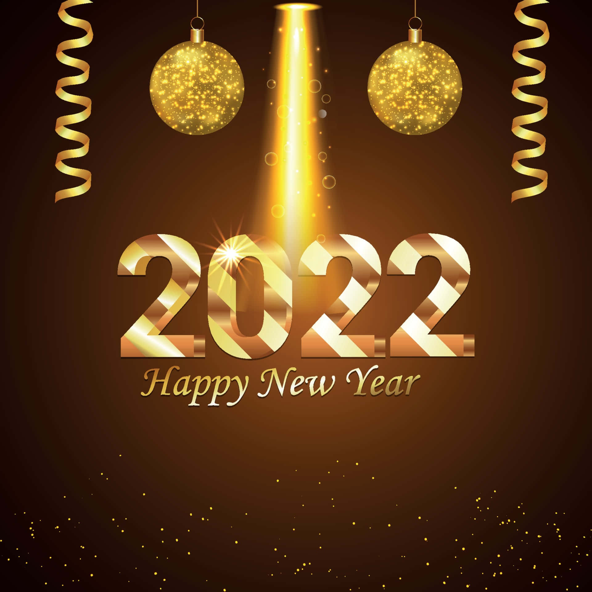 Happy New Year 2022 桌布 壁紙 — 金色2022年新年慶祝圖形，帶有閃閃發光的裝飾和五彩紙屑，背景為深棕色。