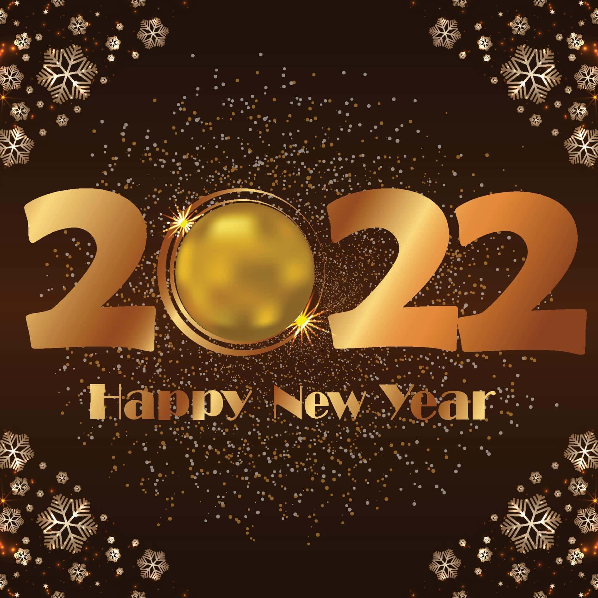 Happy New Year 2022 桌布 壁紙 — 金色2022年新年文字，帶有閃爍亮片和雪花，背景為深棕色。