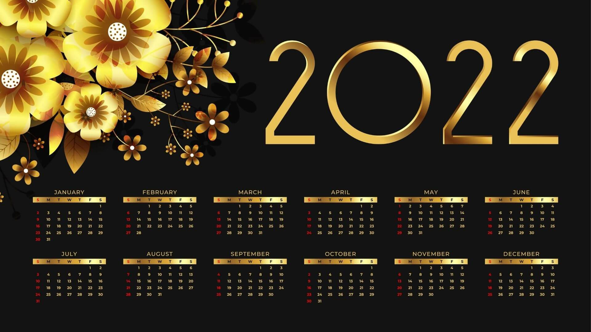 金色2022年曆 壁紙 — 金色花卉設計和粗體 2022 文字點綴在帶有月曆格子的時尚黑色日曆佈局上。