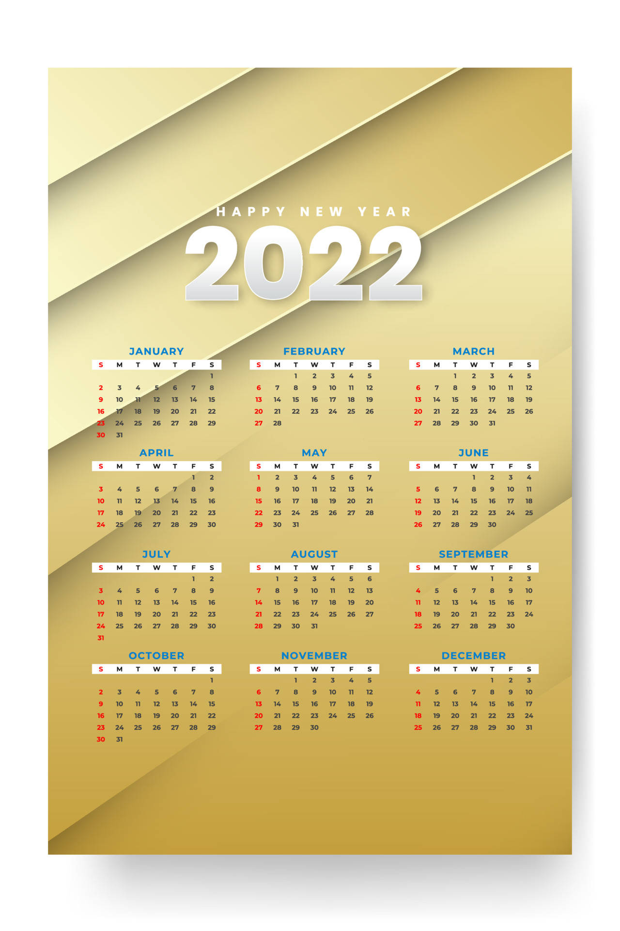 金色2022日曆 壁紙 — 一款時尚的2022年月曆，採用金色幾何背景和白色粗體字體，適合新年規劃。