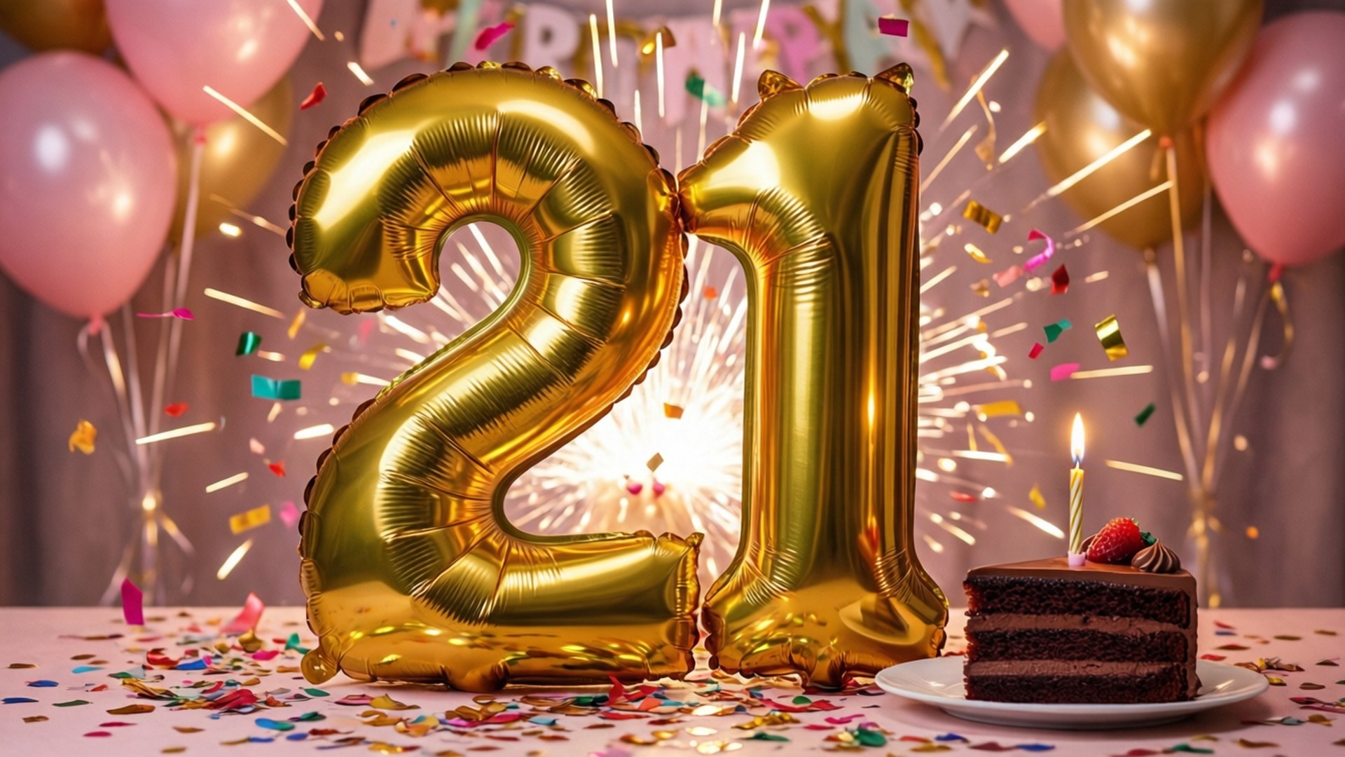 金色21氣球慶祝 壁紙 — 金色21歲生日氣球爆開，灑出五彩紙屑，旁邊有一個插著一支蠟燭的朱古力蛋糕。