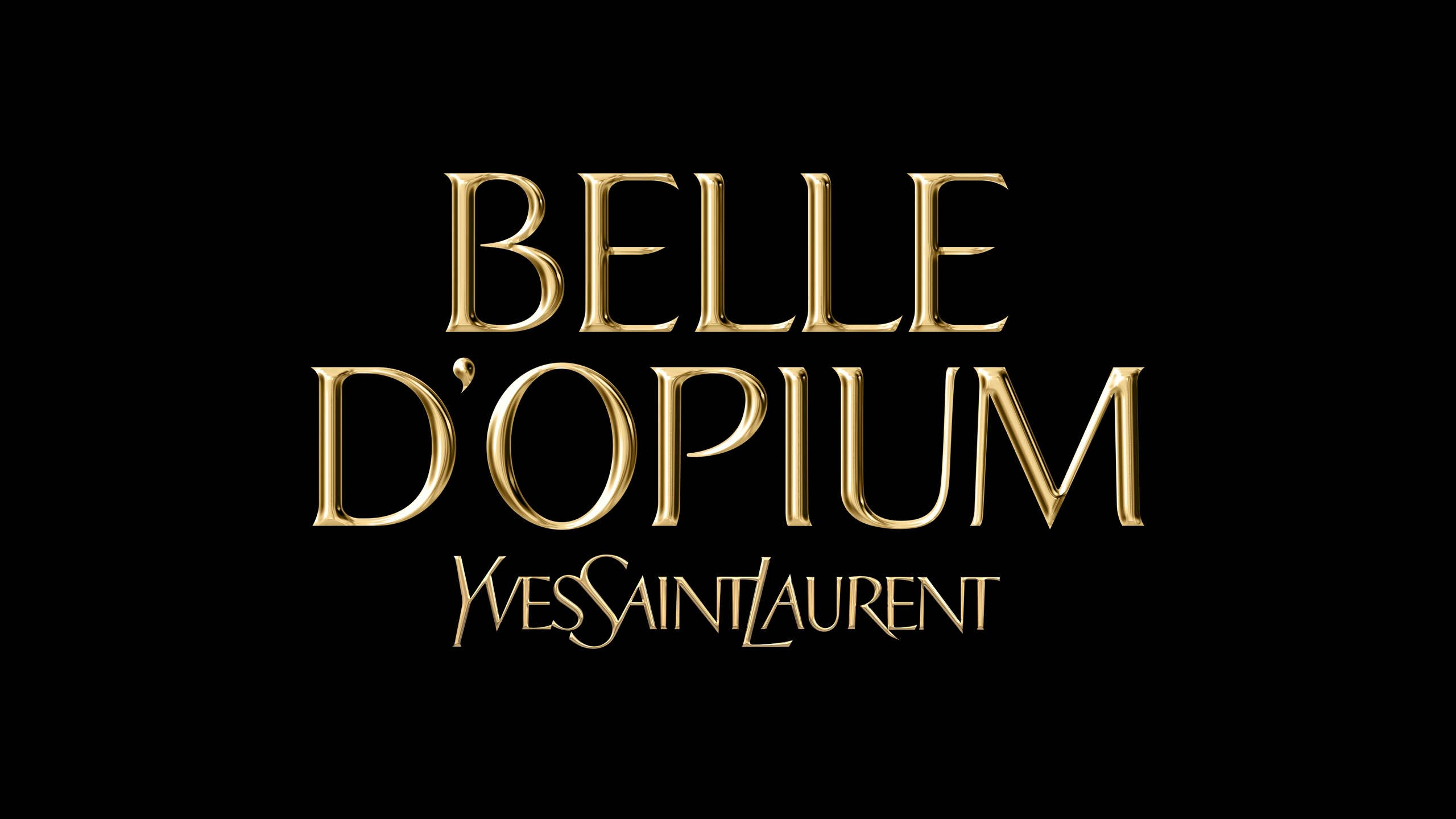 YSL Belle D' Opium 壁紙 — 金色3D文字在純黑背景上以優雅的襯線和手寫字體顯示Belle D'Opium Yves Saint Laurent。