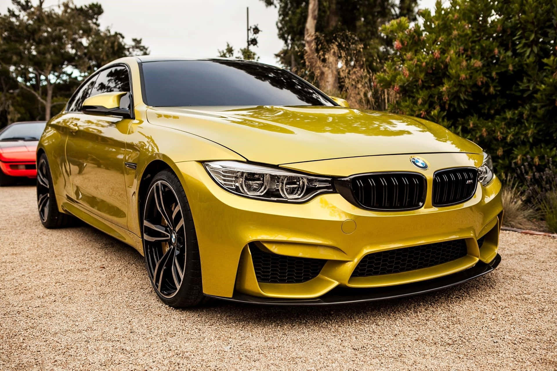 閃亮的黃色BMW M4跑車停在碎石路上，背景有樹木。
