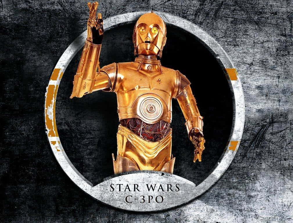 C-3po 桌布 壁紙 — 金色C-3PO機械人置於圓形框架內，背景為風化金屬質感，並帶有「Star Wars C-3PO」文字。
