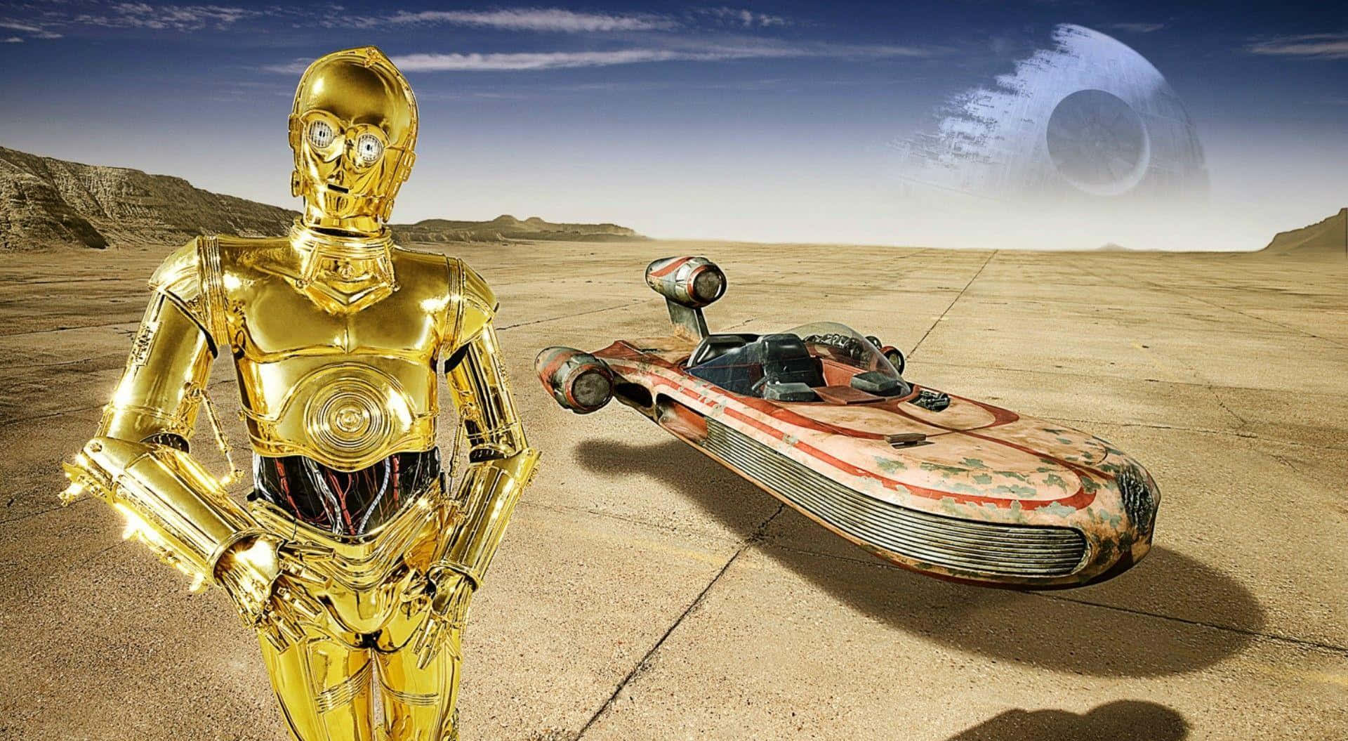 C-3po 桌布 壁紙 — 金色C-3PO站在沙漠星球上一艘風化的太空船旁，死星在天空中若隱若現。