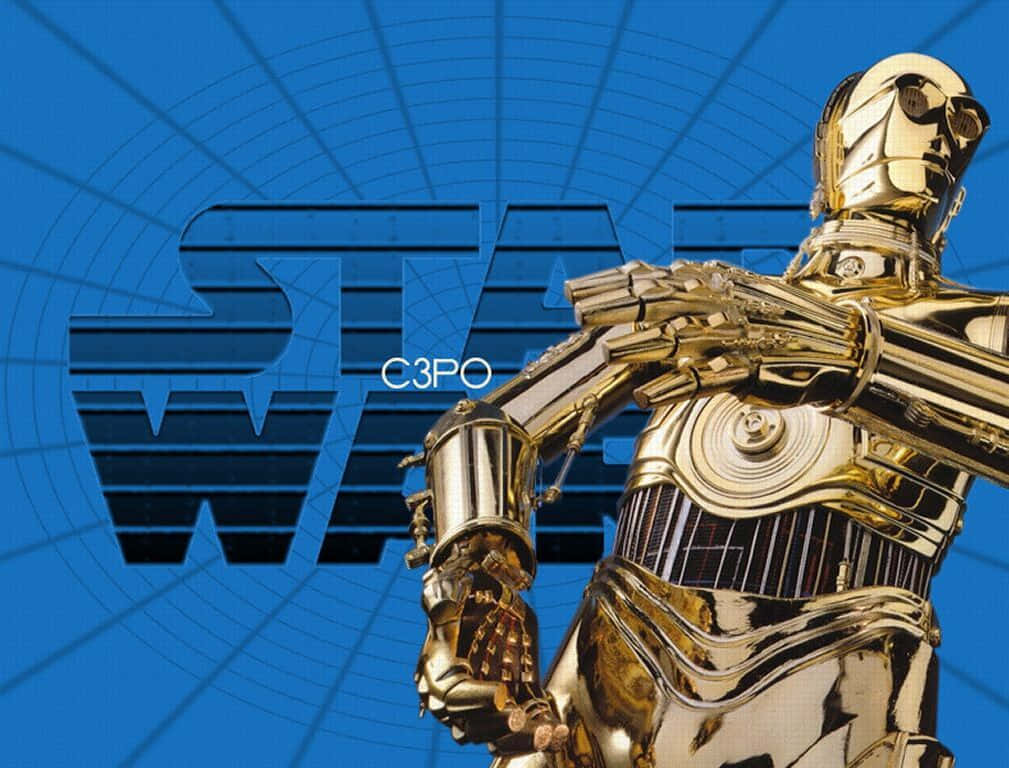 C-3po 桌布 壁紙 — 金色C3PO機械人自信地站在帶有幾何網格線的藍色Star Wars標誌背景前。
