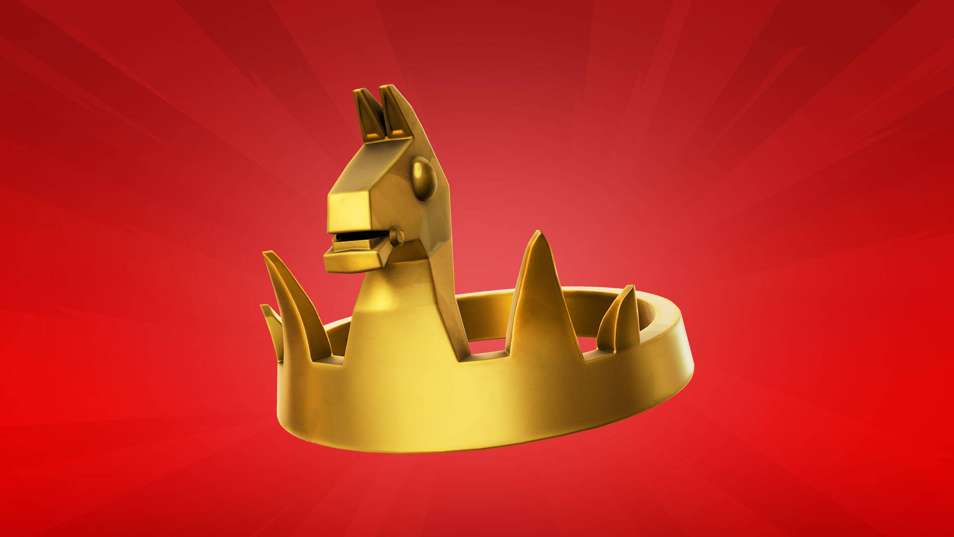 金色Fortnite勝利冠冕 壁紙 — 一個金色羊駝形狀的皇冠，帶有尖銳的尖刺，在鮮豔的紅色放射狀背景上閃耀。