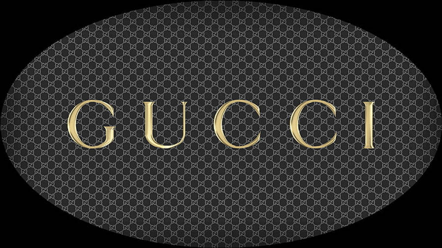 Gucci 桌布 壁紙 — 金色Gucci標誌居中於帶有重複字母圖案的黑色橢圓形上。