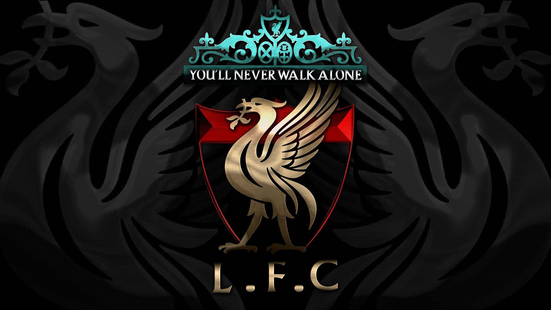 Liverpool 桌布 壁紙 — 金色Liverbird標誌在紅色盾牌上，帶有'YOU'LL NEVER WALK ALONE'和'L.F.C.'文字，背景為深色漩渦狀。
