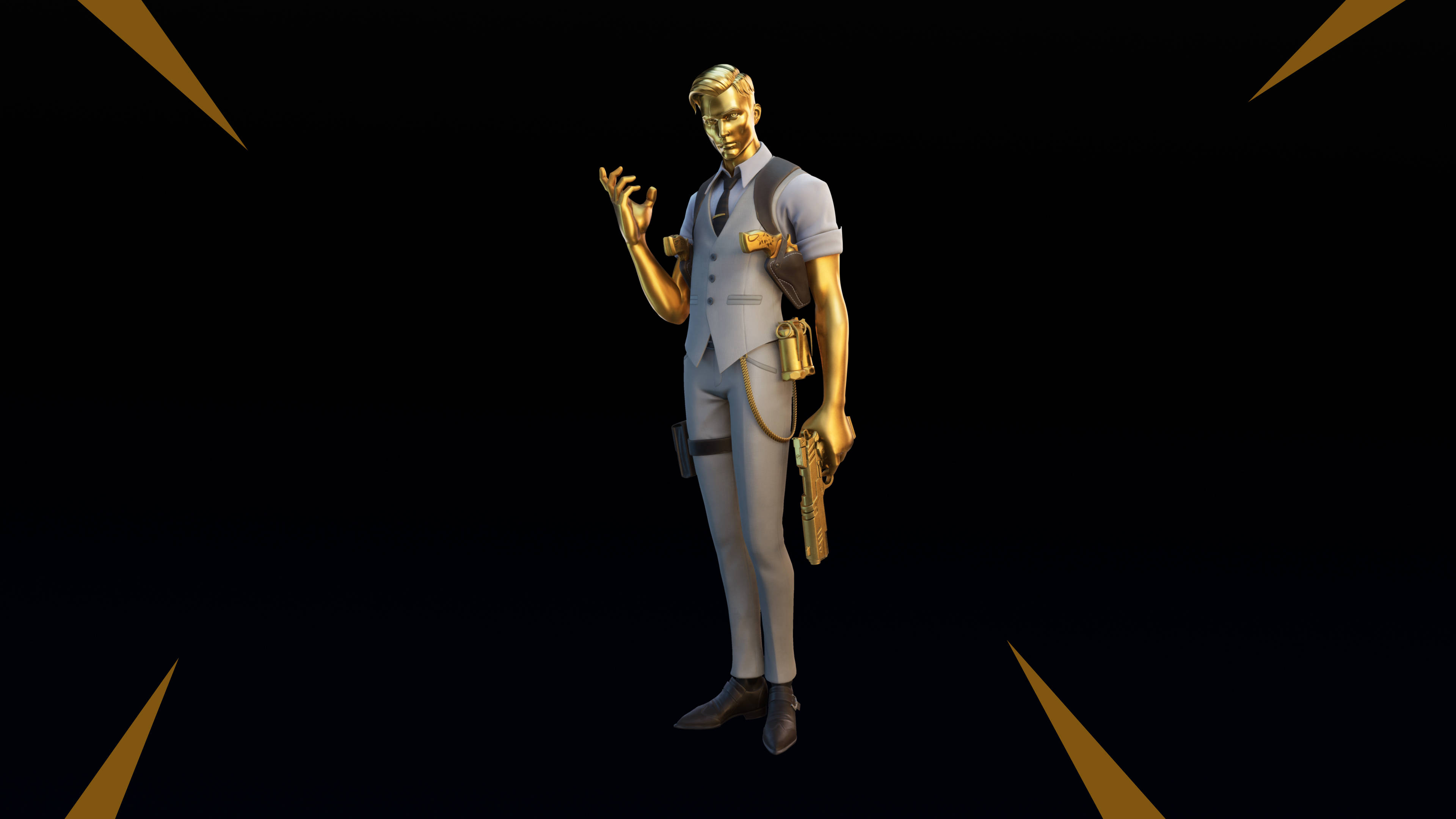 金色Midas《Fortnite》 壁紙 — 一個身穿金色盔甲、淺灰色西裝的男人，手持手槍，在黑色背景上做出手勢，背景有尖銳的黃色光線。