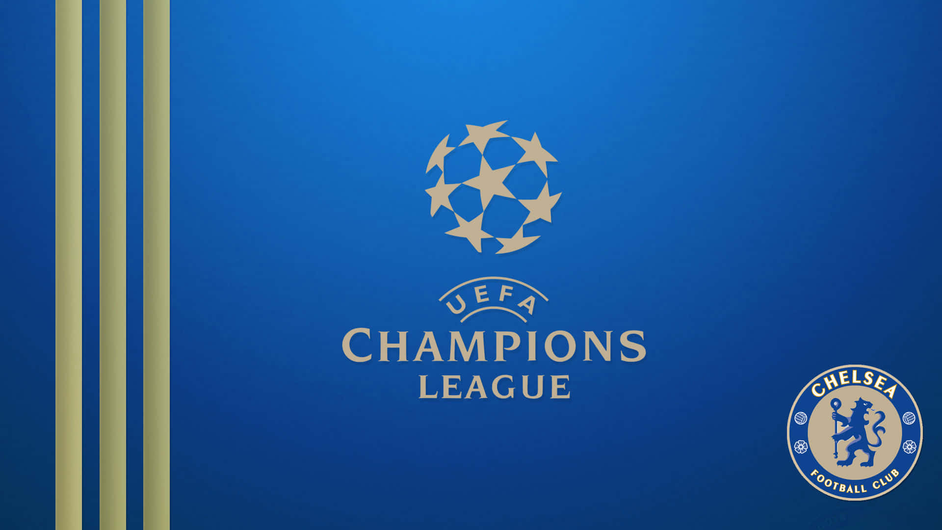 Chelsea 桌布 壁紙 — 金色UEFA歐聯標誌配藍色背景，車路士會徽及垂直金色條紋。