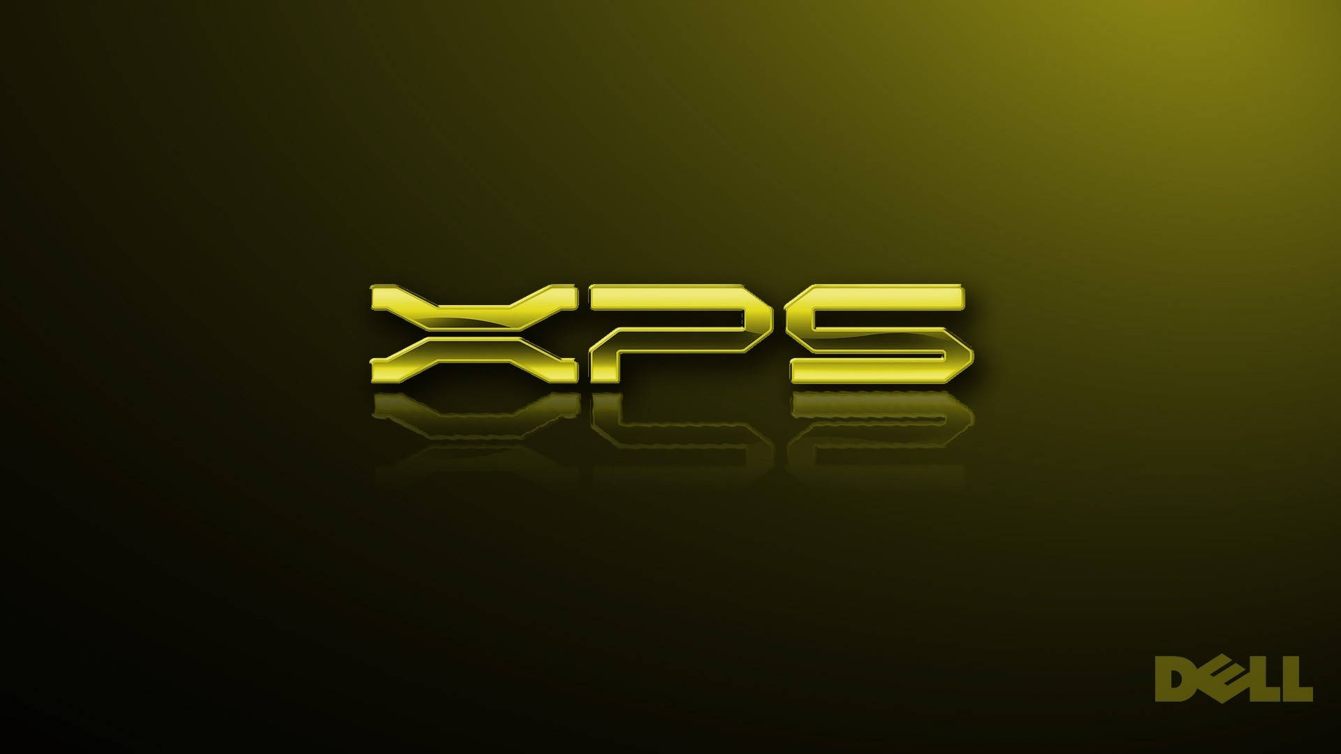 金色XPS Dell HD 壁紙 — 帶有反射效果的光澤金色XPS標誌，置於帶有微妙Dell水印的漸變深黃色背景上。