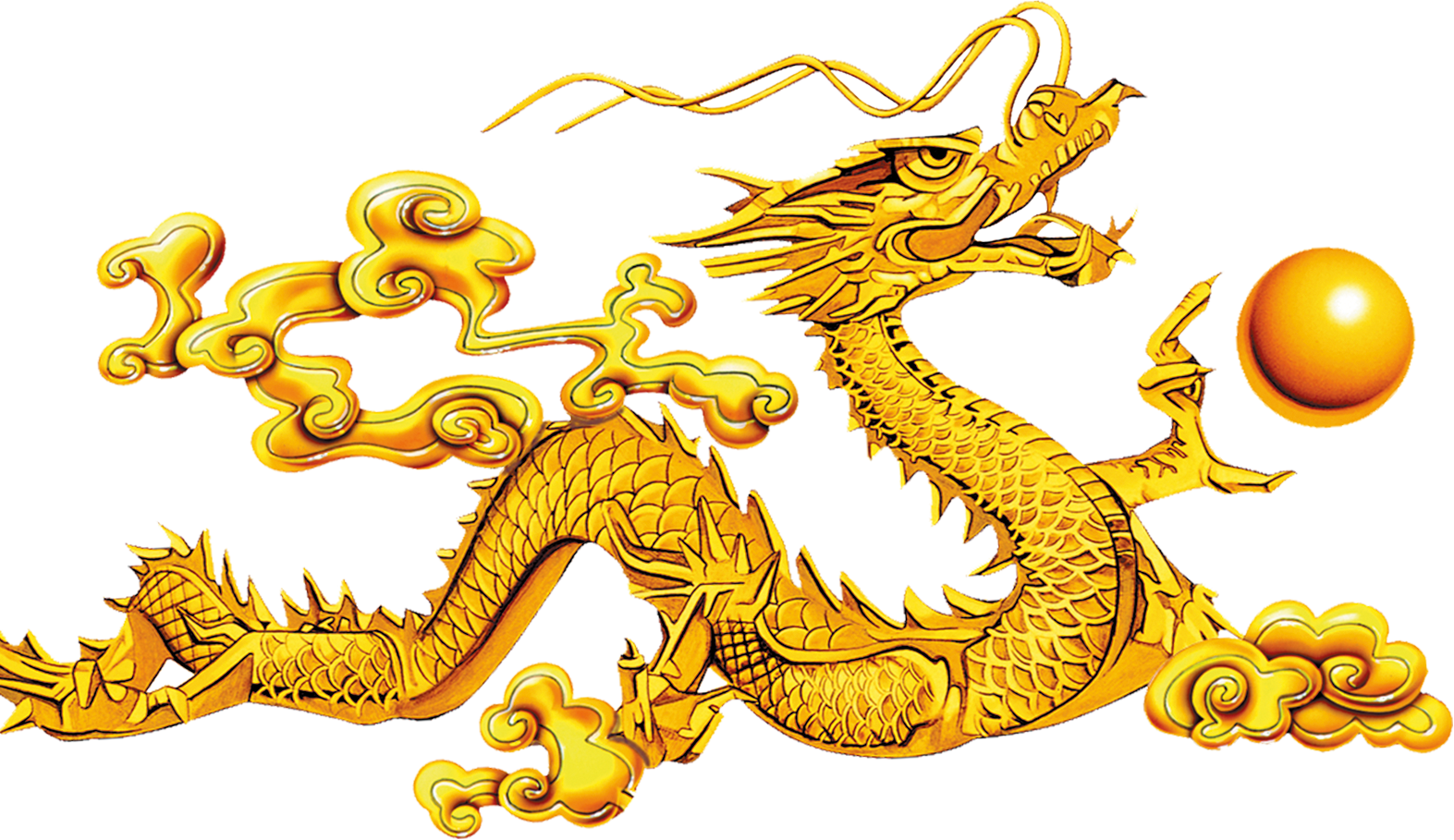 金色中國龍追逐寶珠 壁紙 — 一條雄偉的金龍蜿蜒穿過華麗的雲層，緊握著一顆發光的球體，背景是風格化的城市景觀。